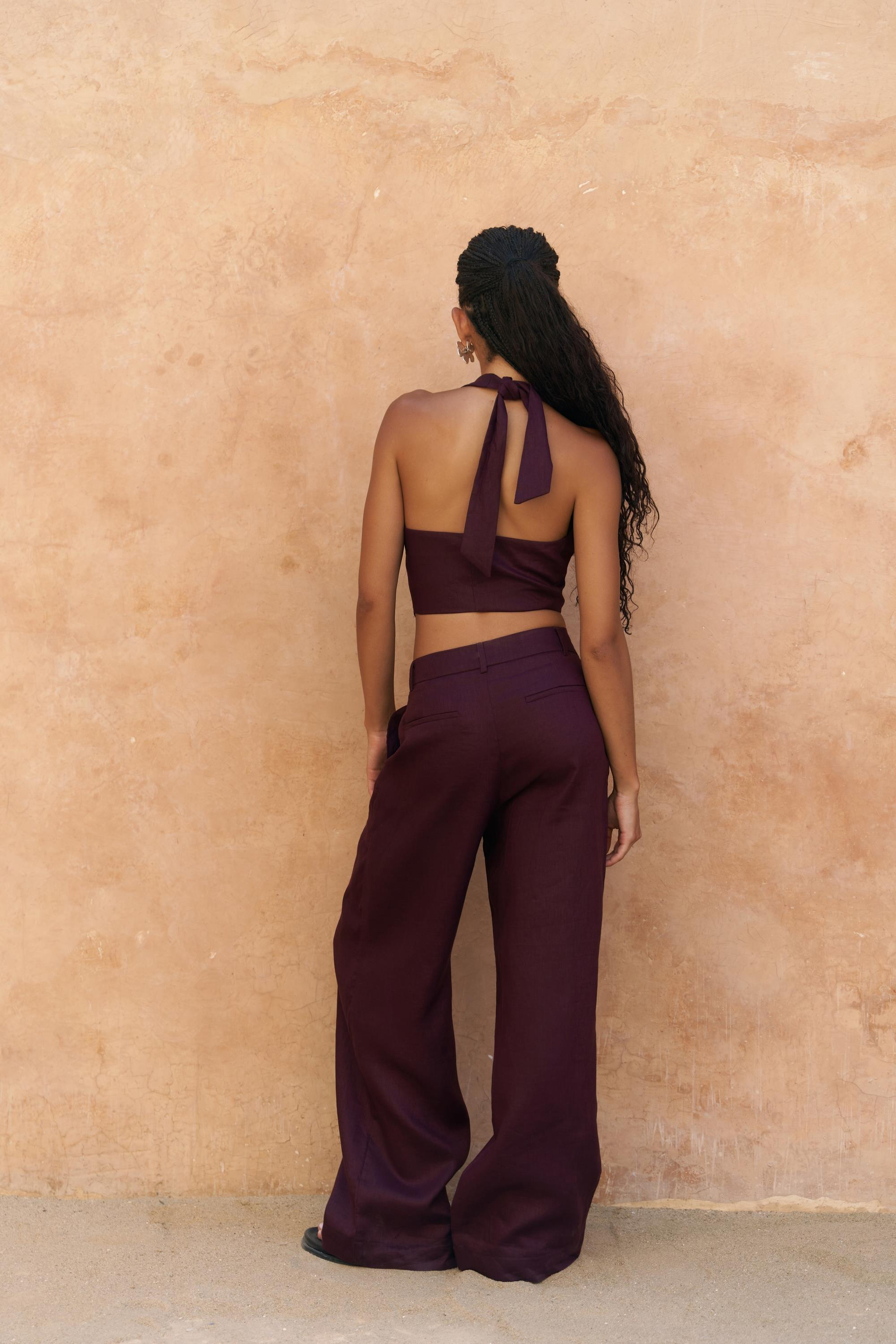 Lvdovila Bordo Keten Crop Yelek Pantolon Takım