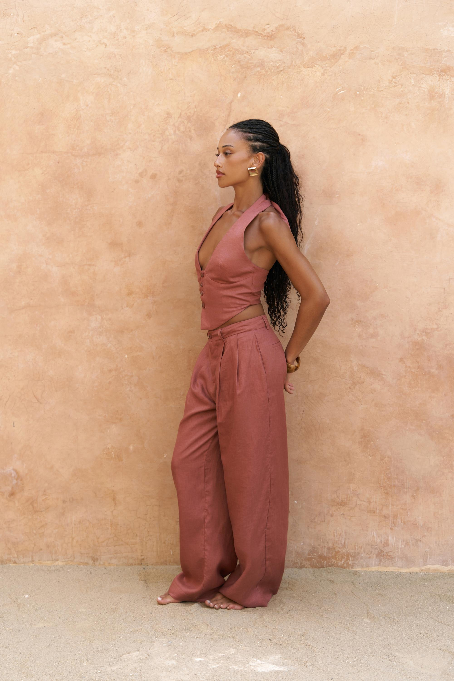 Lvdovila Tarçın Keten Crop Yelek Pantolon Takım