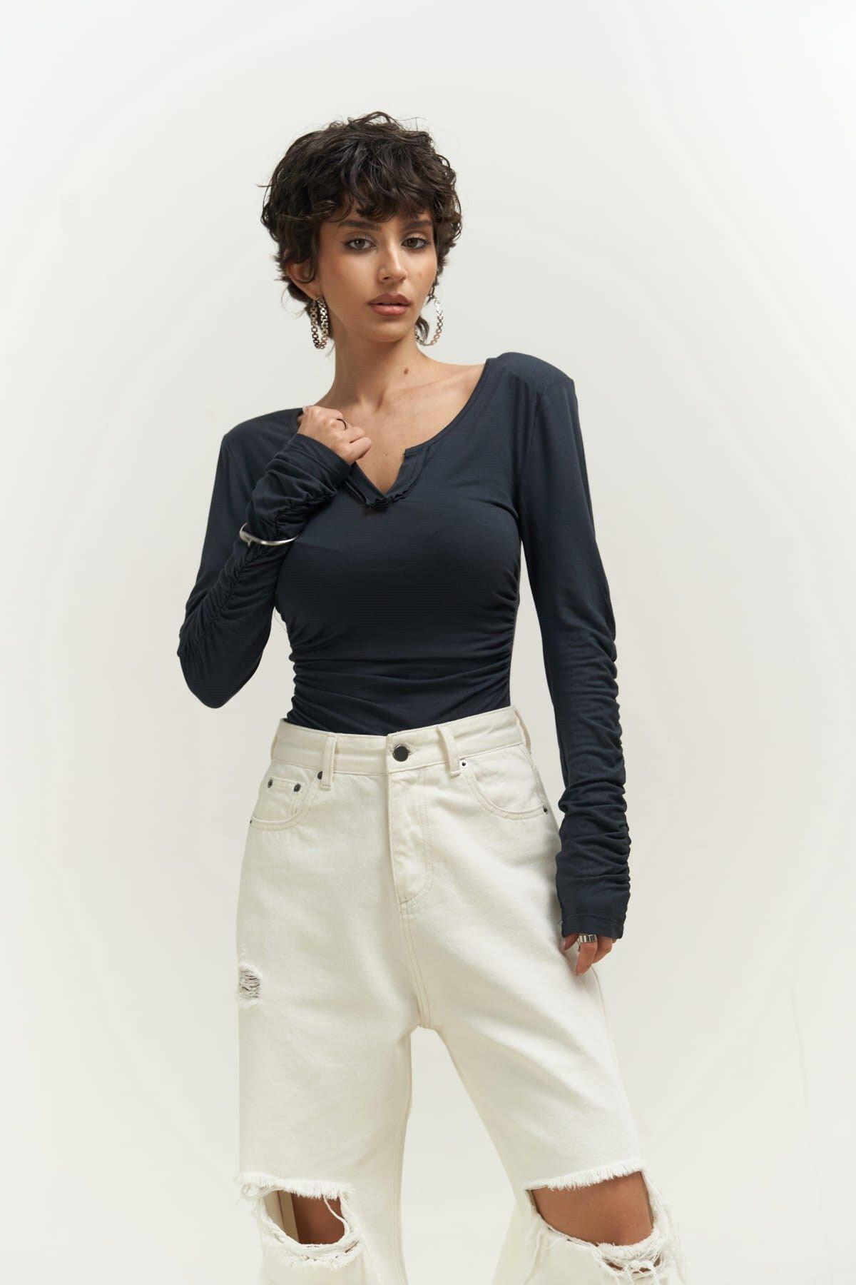 Magenta Padded Long Sleeve Anthracite Blouse