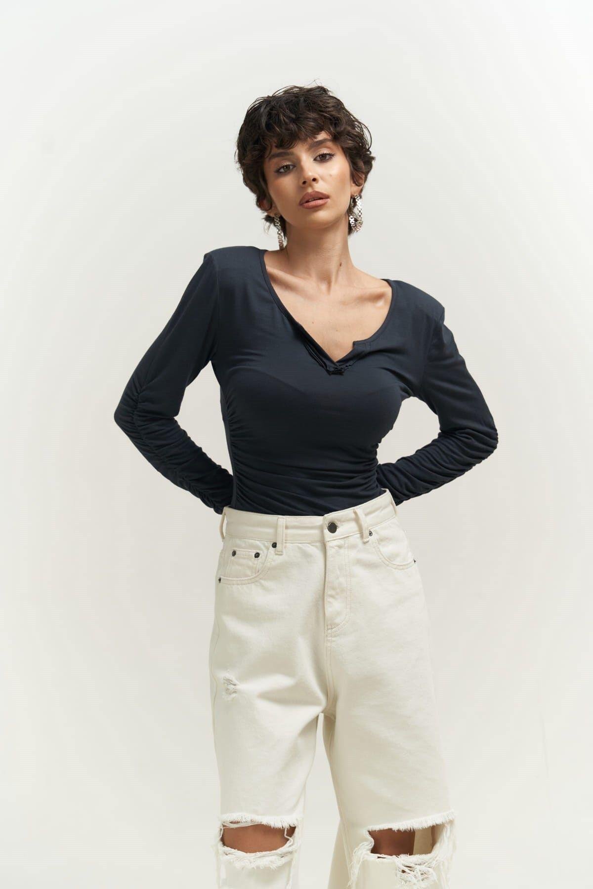 Magenta Padded Long Sleeve Anthracite Blouse