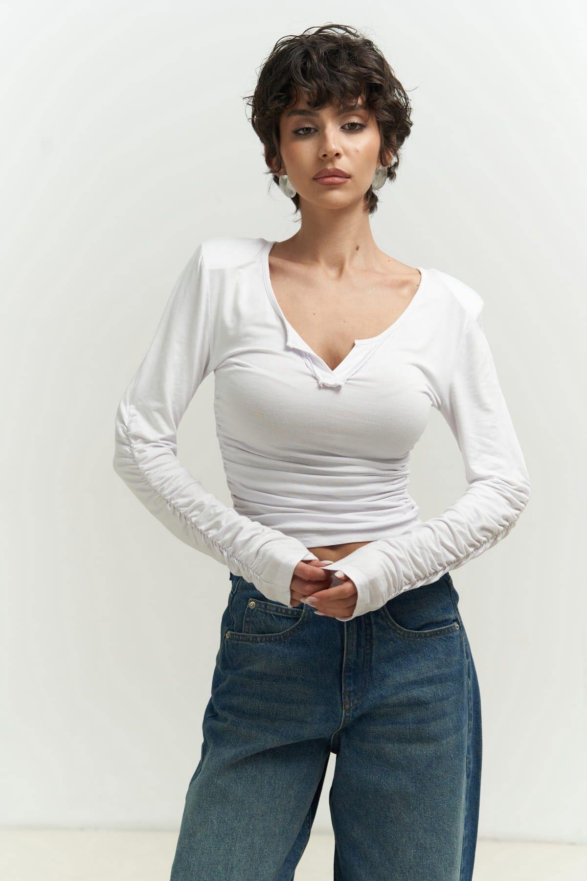 Magenta Padded Long Sleeve White Blouse