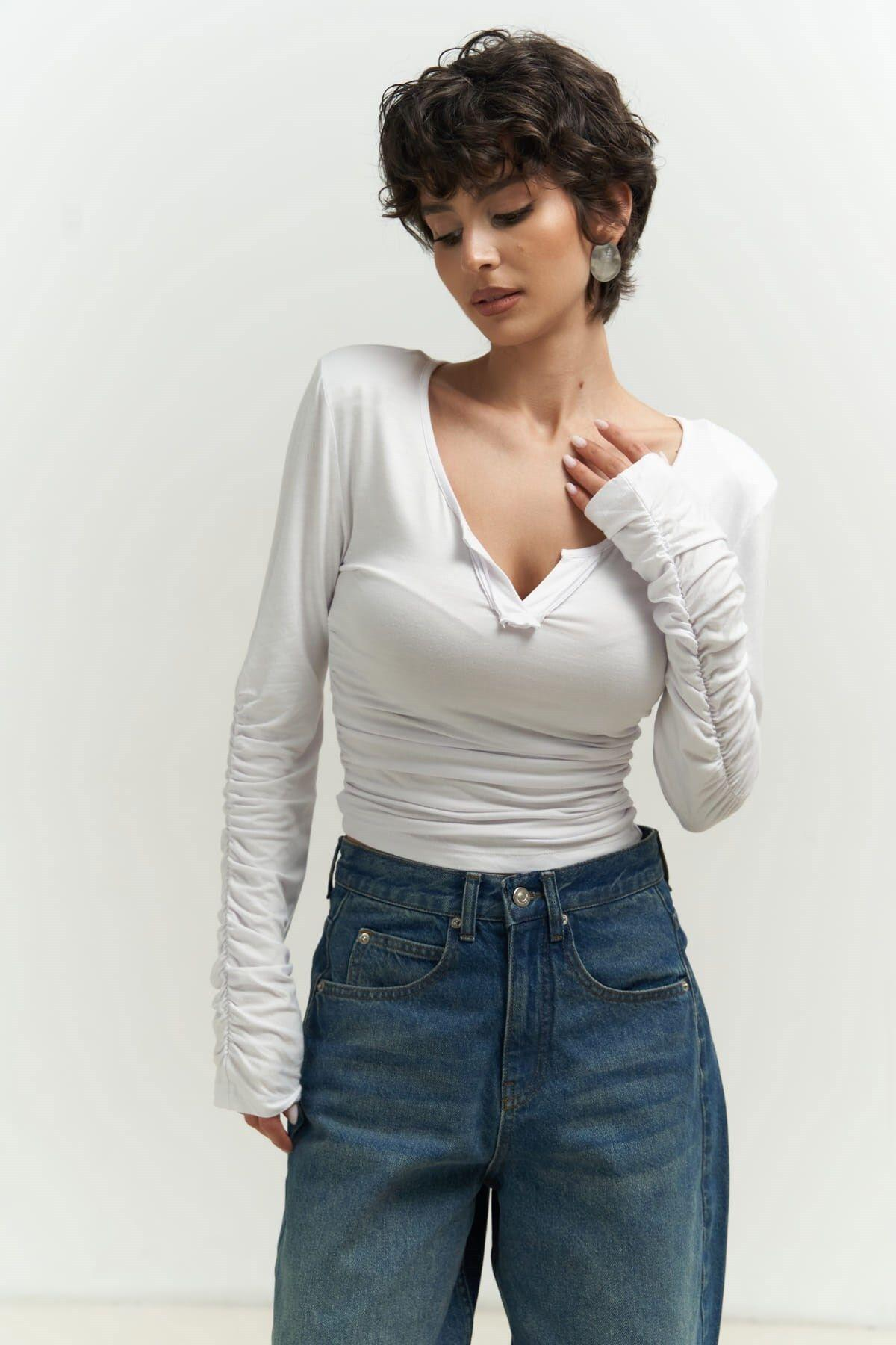 Magenta Padded Long Sleeve White Blouse