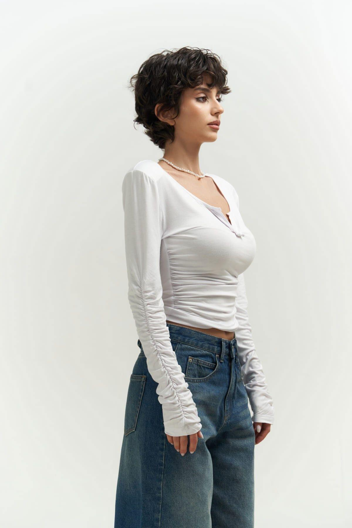 Magenta Padded Long Sleeve White Blouse