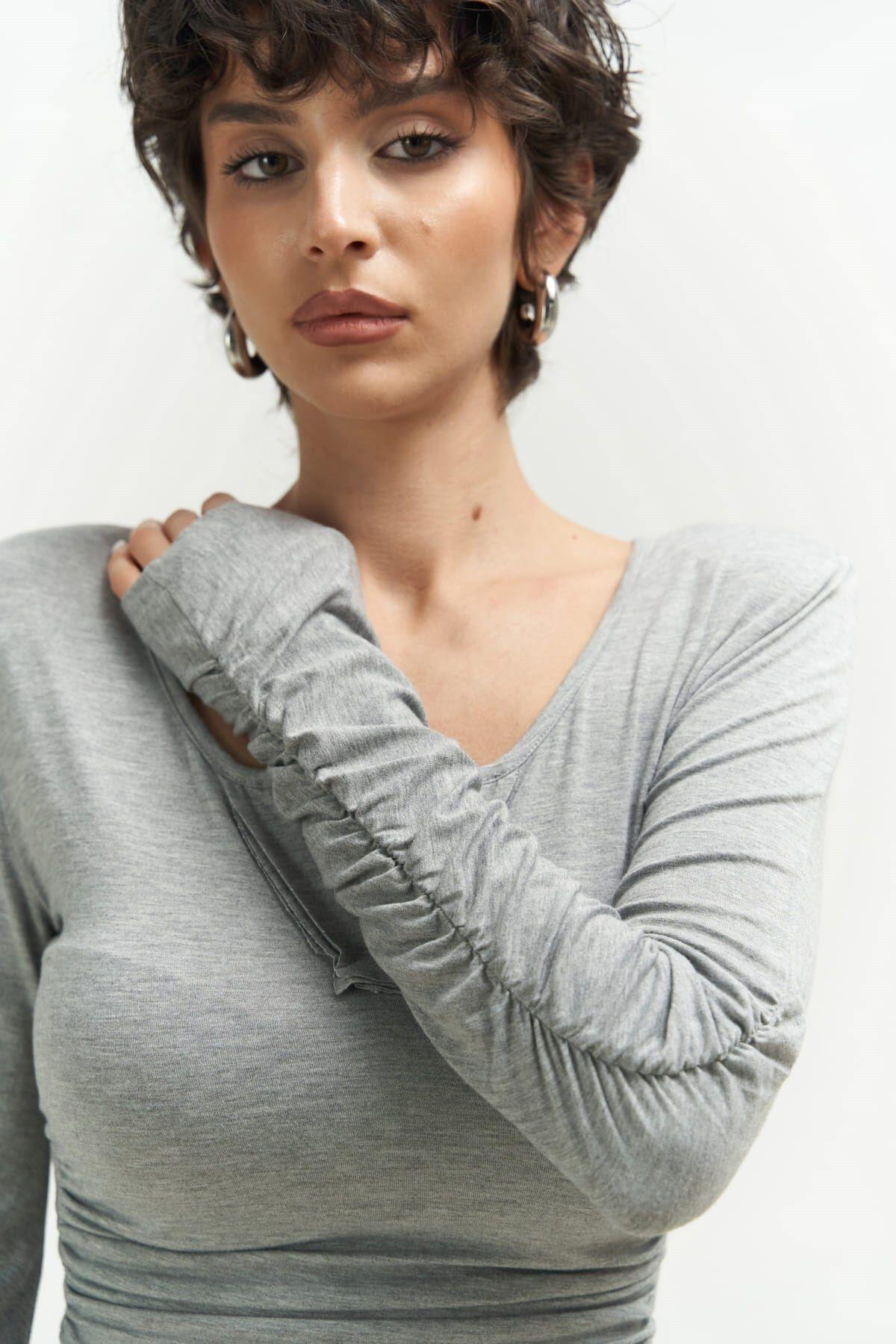 Magenta Padded Long Sleeve Gray Blouse