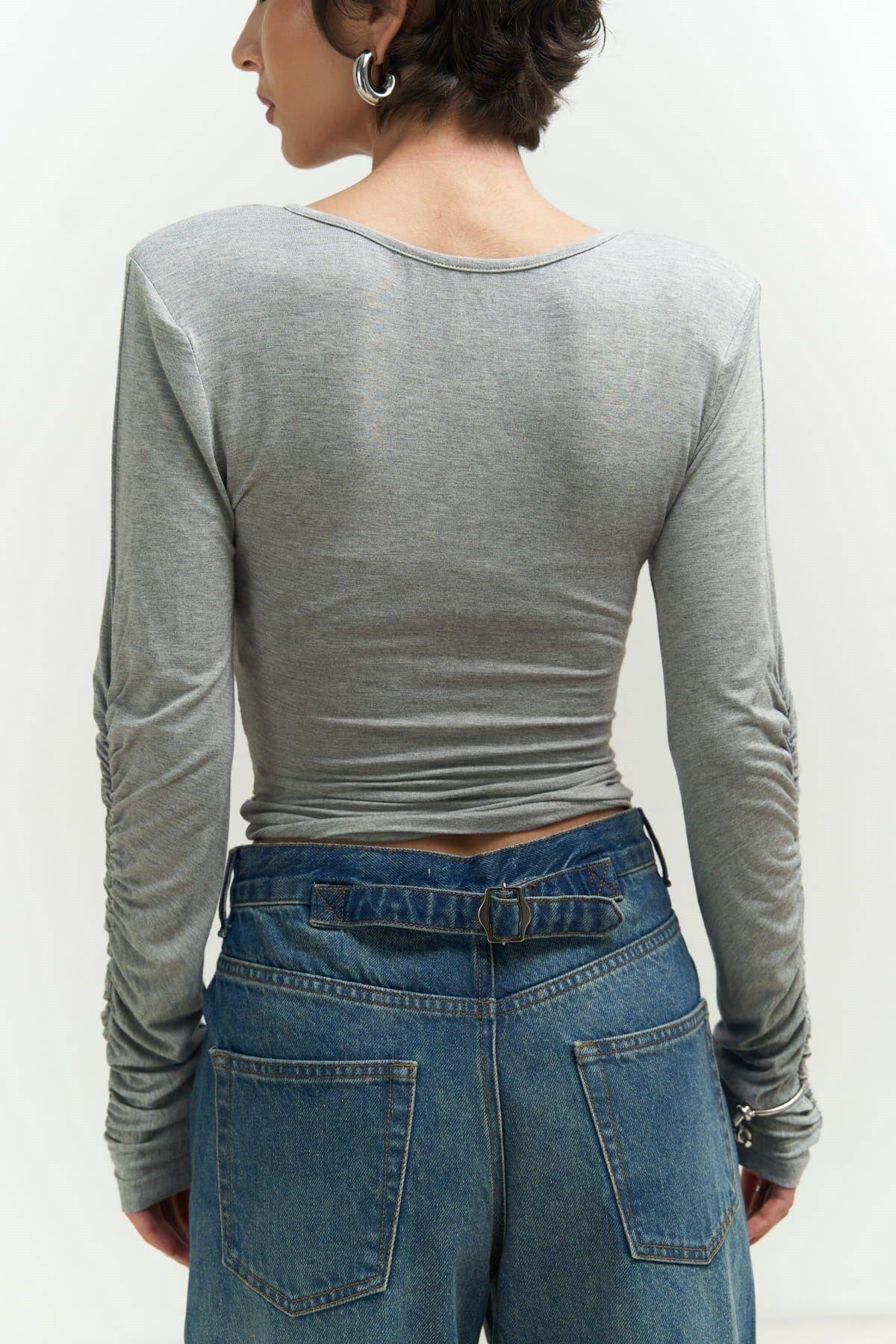 Magenta Padded Long Sleeve Gray Blouse