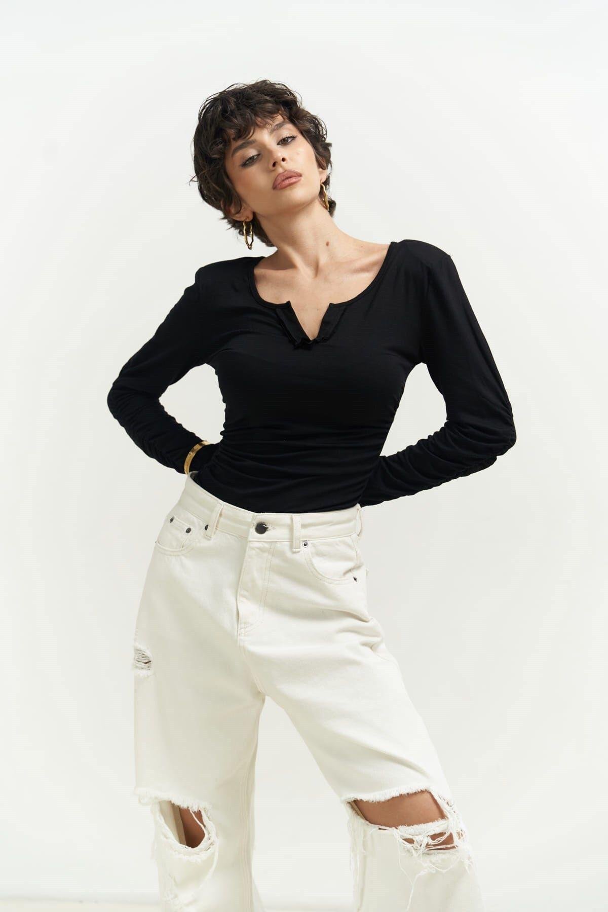 Magenta Padded Long Sleeve Black Blouse