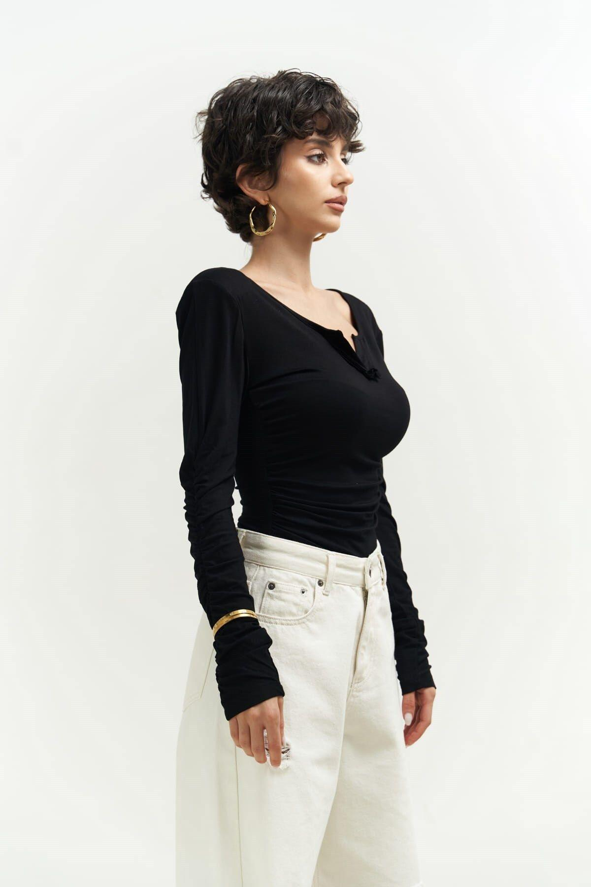 Magenta Padded Long Sleeve Black Blouse