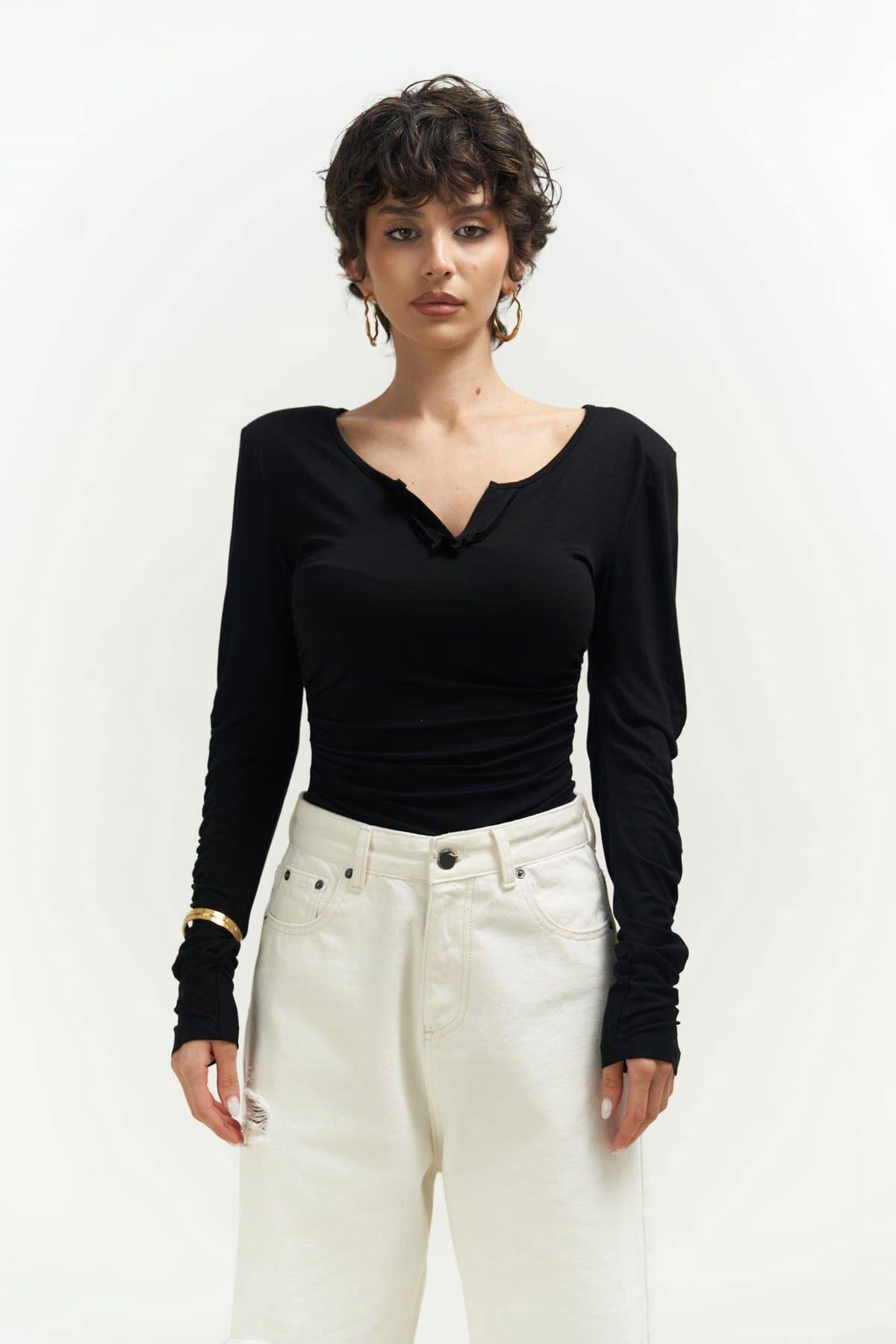 Magenta Padded Long Sleeve Black Blouse