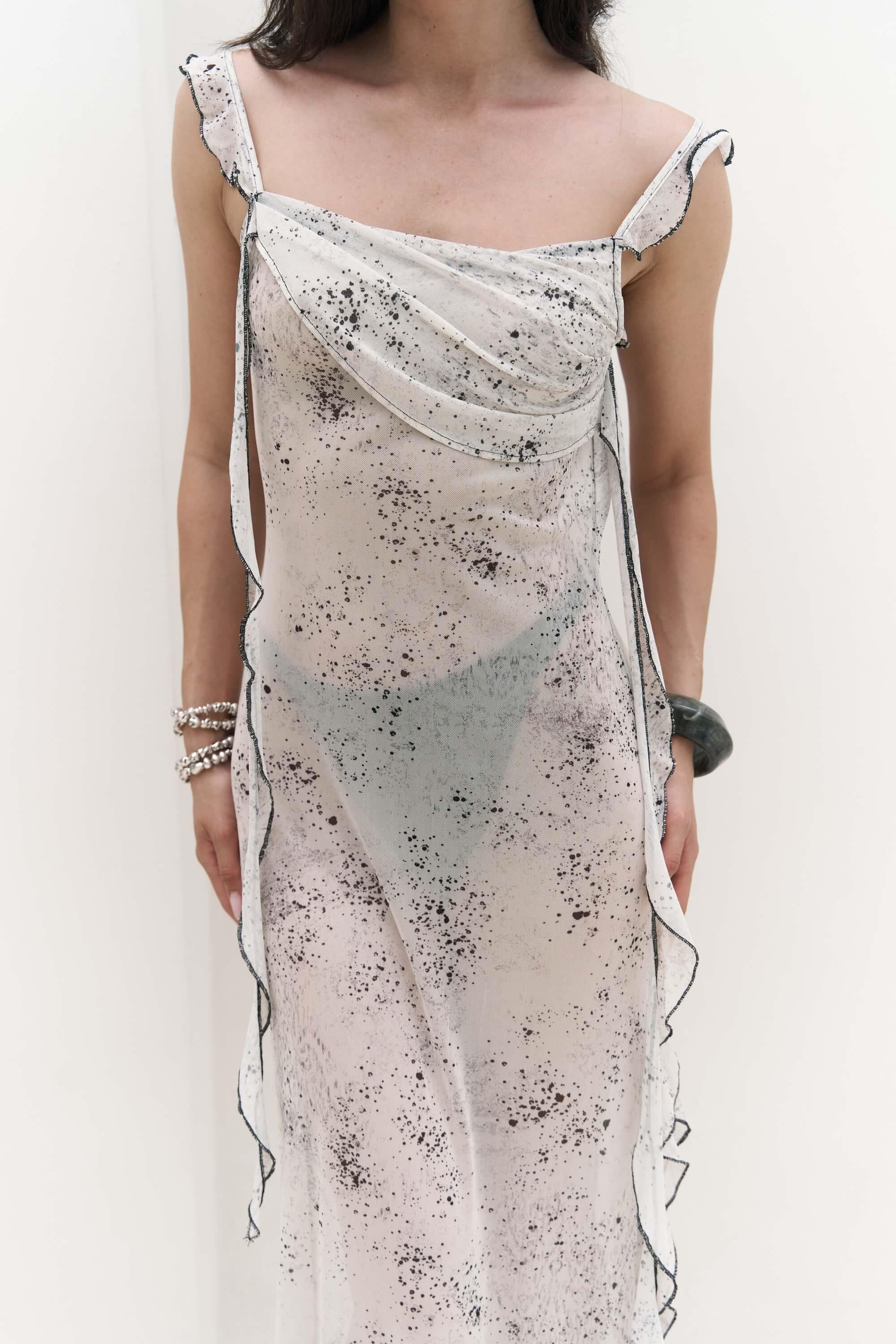 Magi Fırfır Detay Bej Uzun Elbise