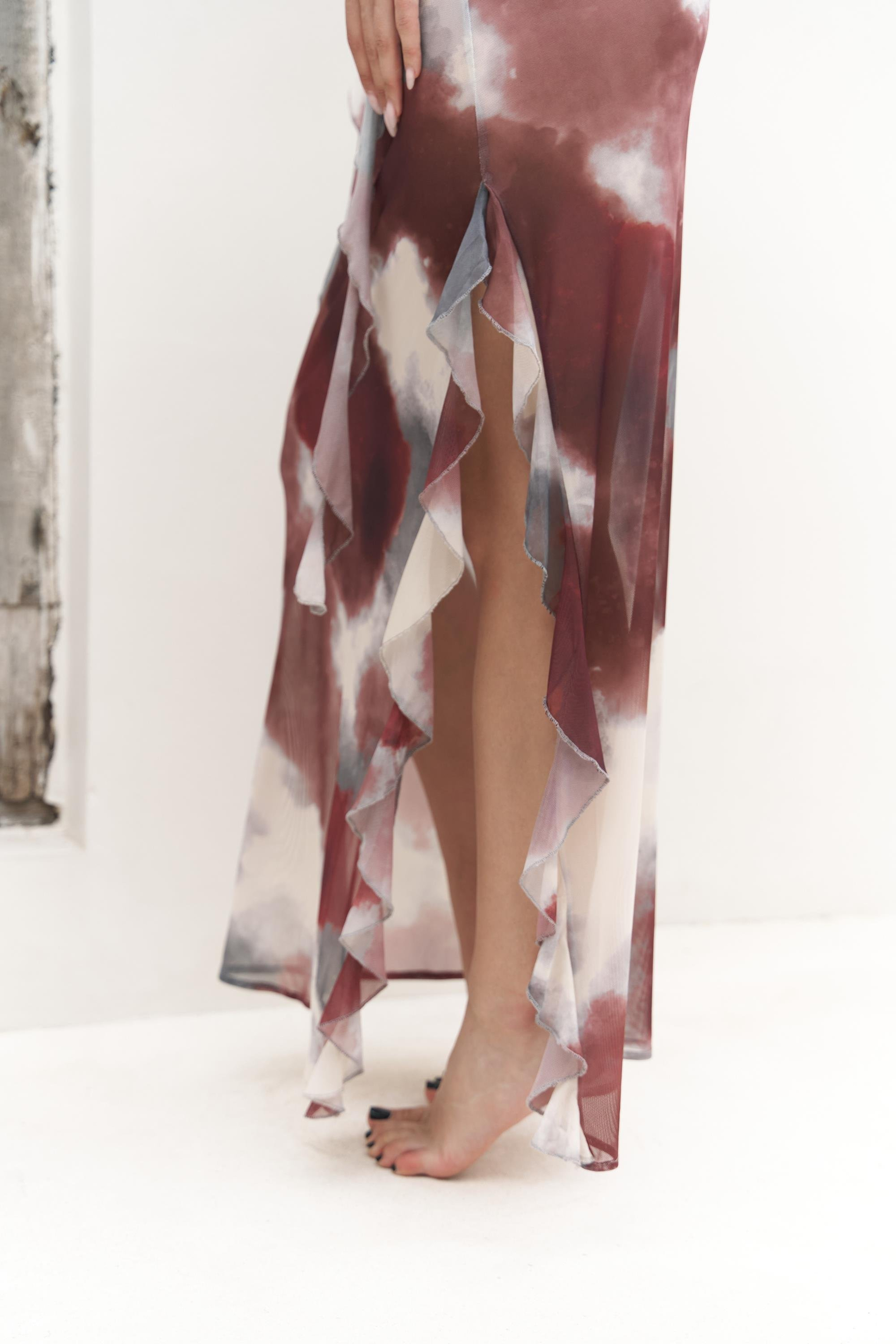 Magi Fırfır Detay Bordo Uzun Elbise