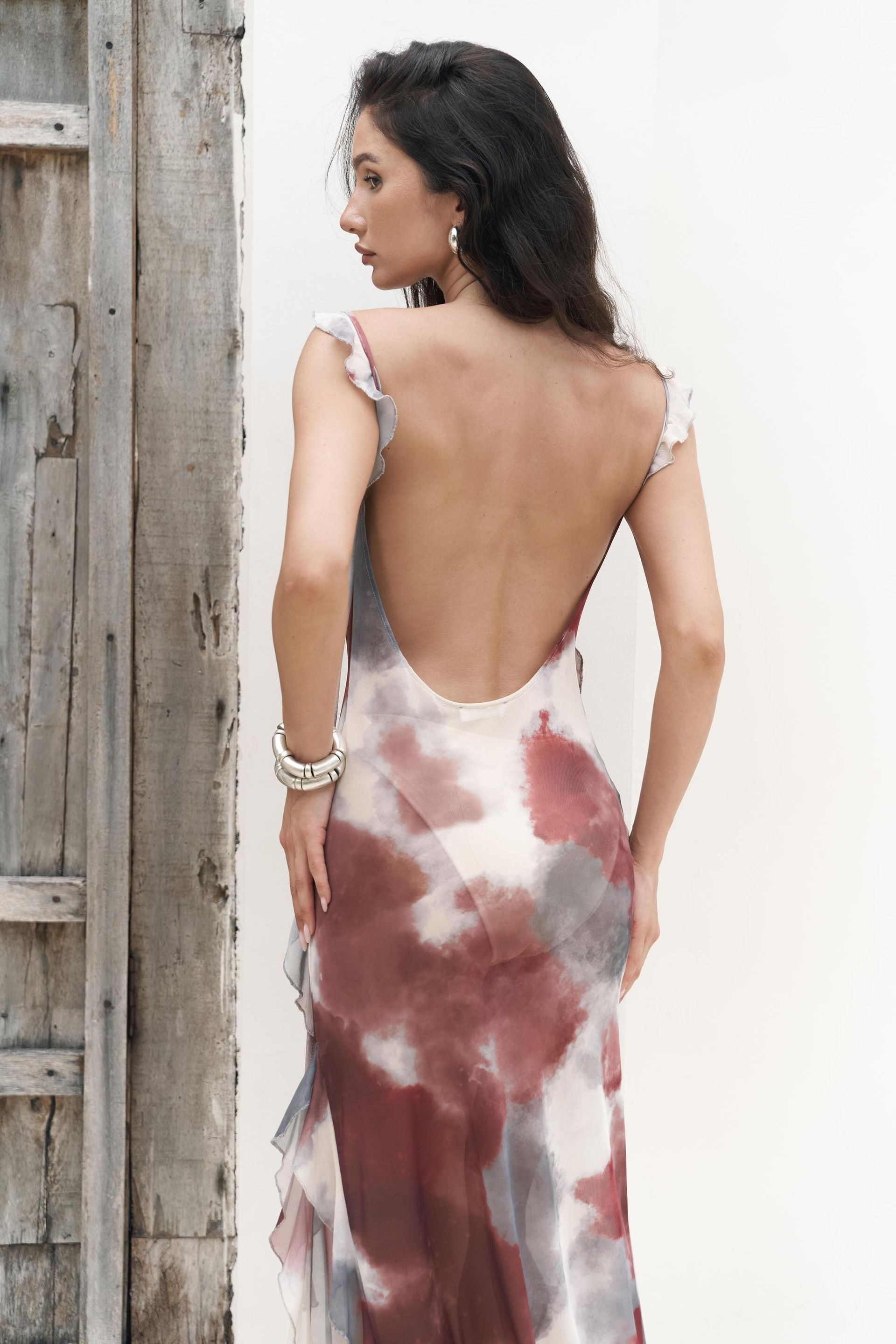 Magi Fırfır Detay Bordo Uzun Elbise