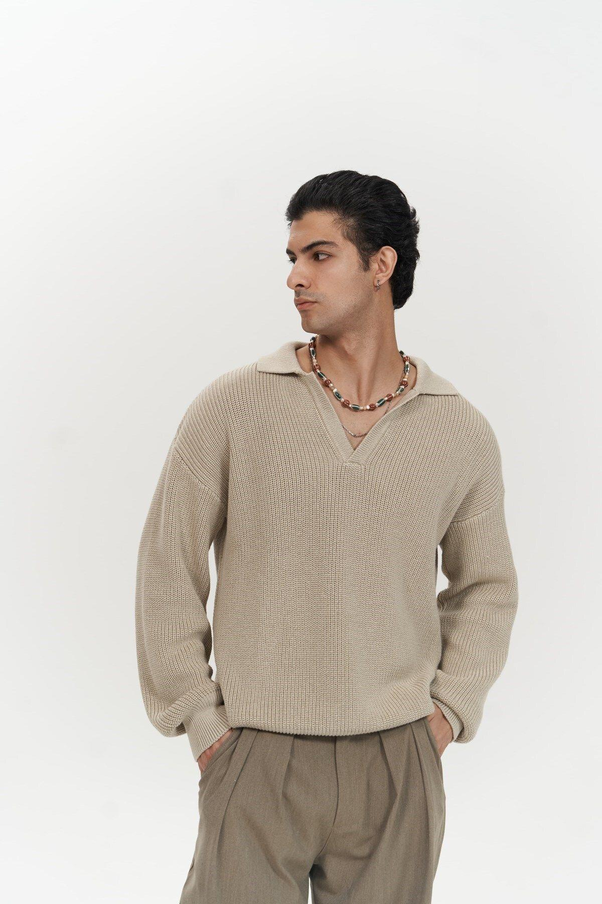 Magnus Men's Polo Neck Beige Knit Sweater