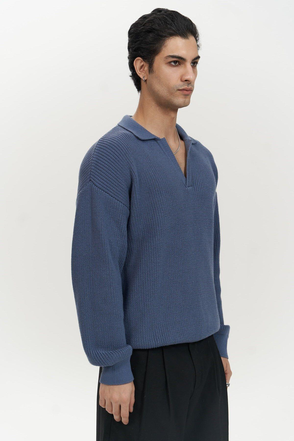 Magnus Men's Polo Neck Indigo Knit Sweater