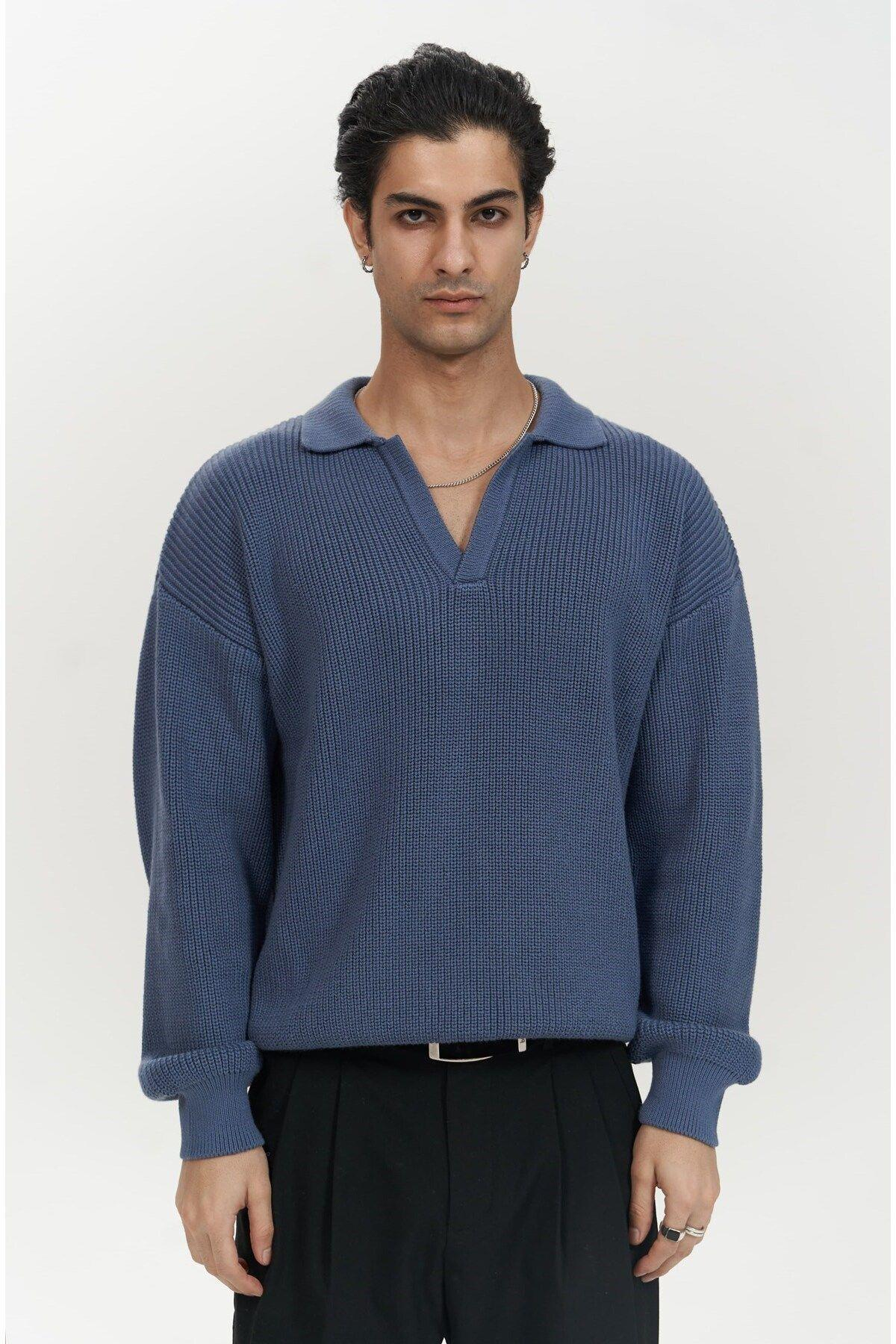 Magnus Men's Polo Neck Indigo Knit Sweater