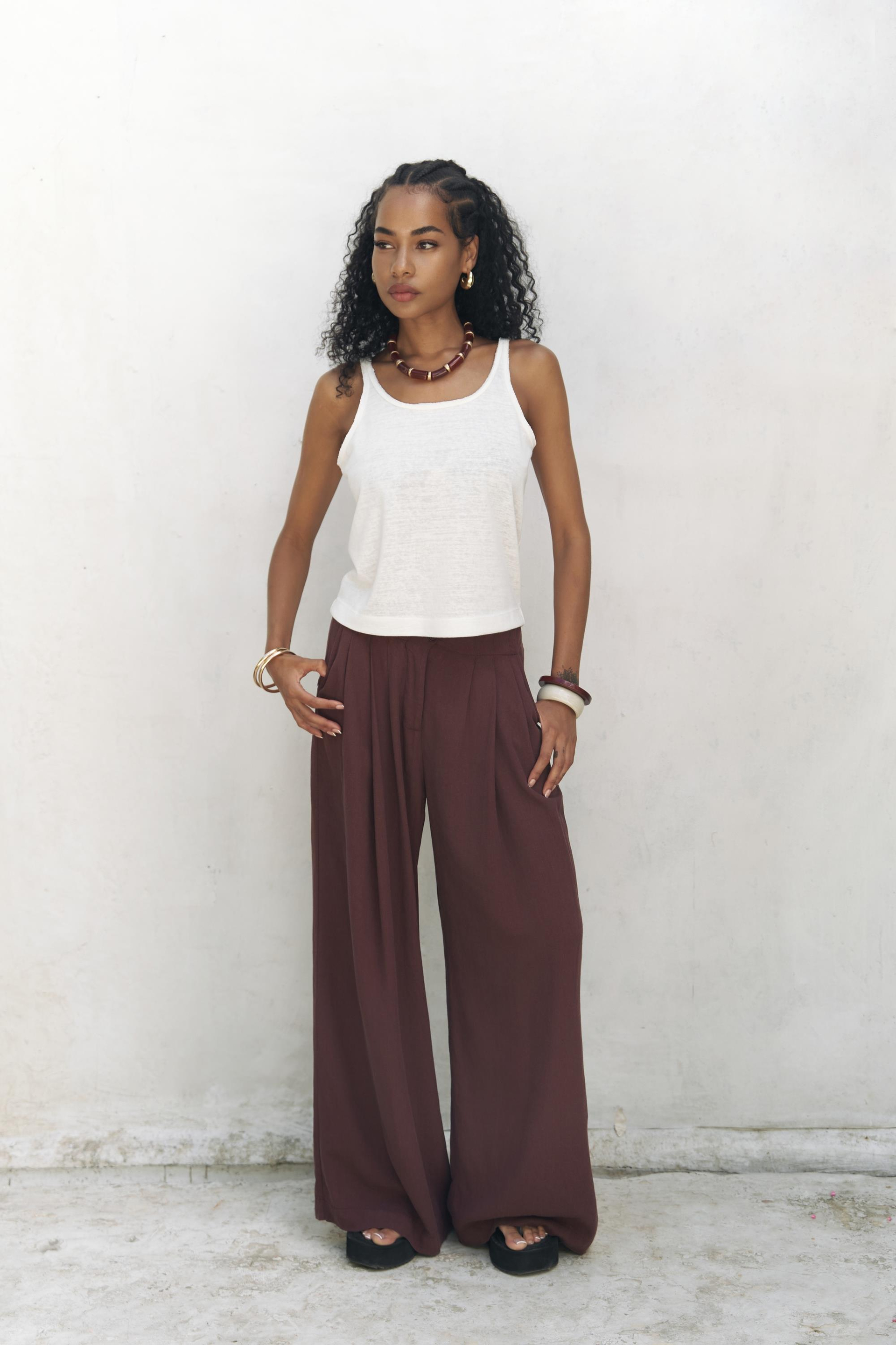 Mahoney Bordo Keten Palazzo Pantolon