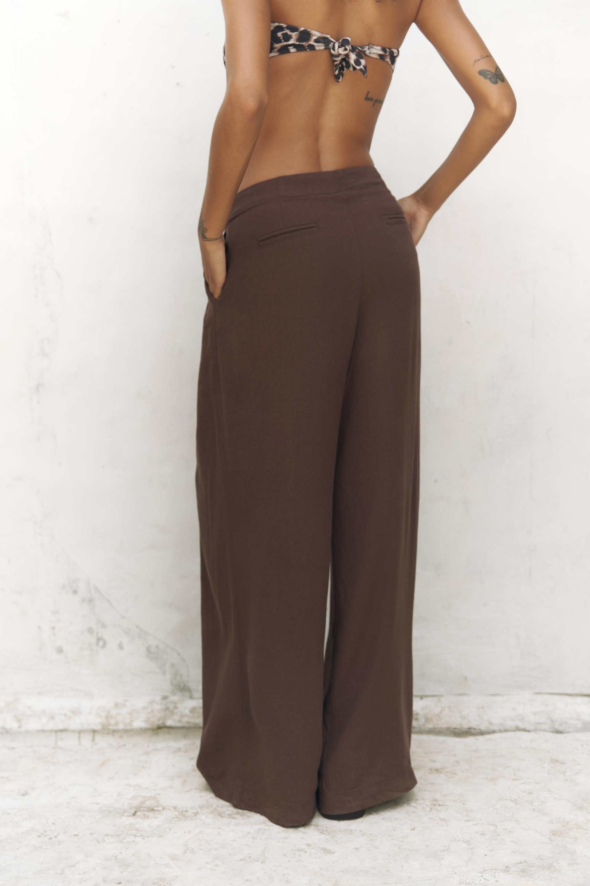 Mahoney Kahve Keten Palazzo Pantolon