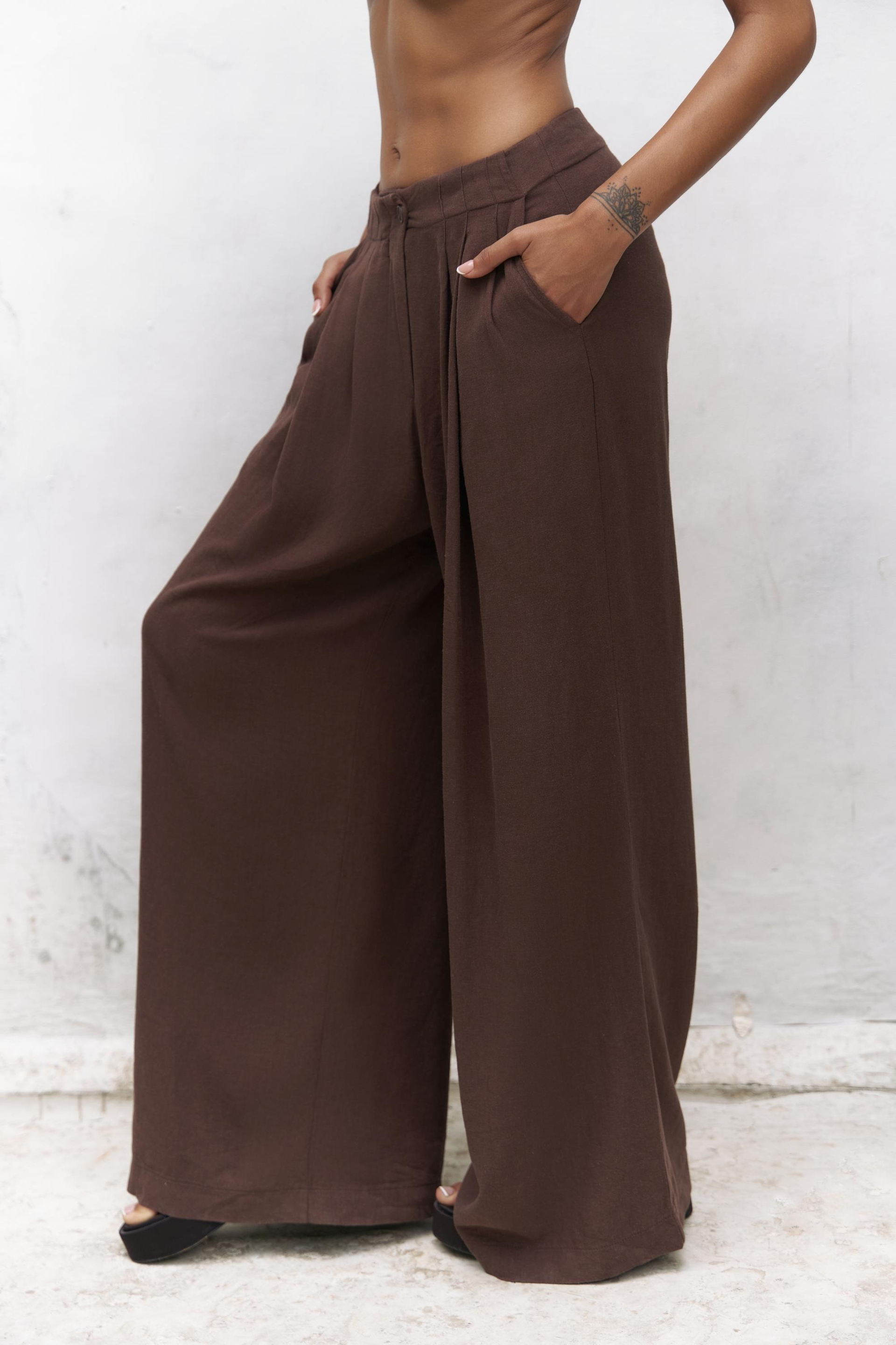 Mahoney Kahve Keten Palazzo Pantolon