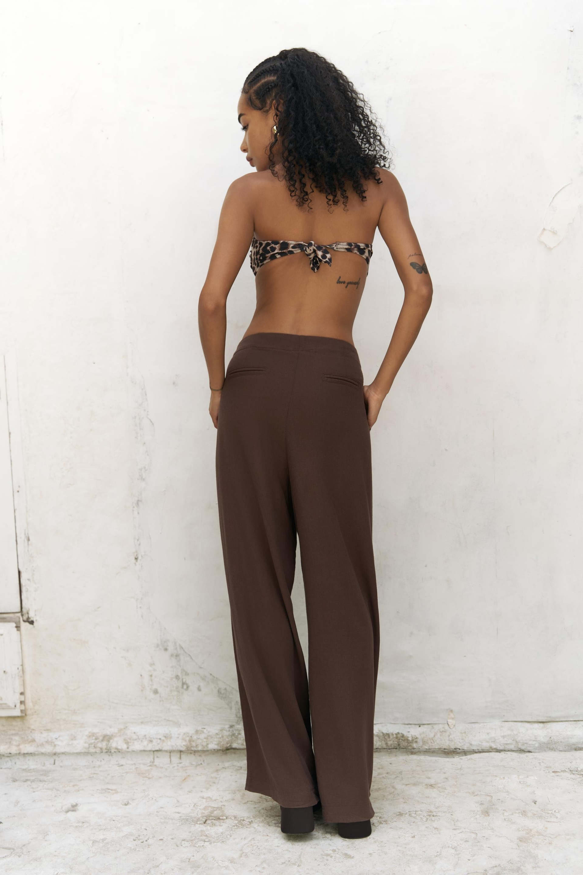 Mahoney Kahve Keten Palazzo Pantolon