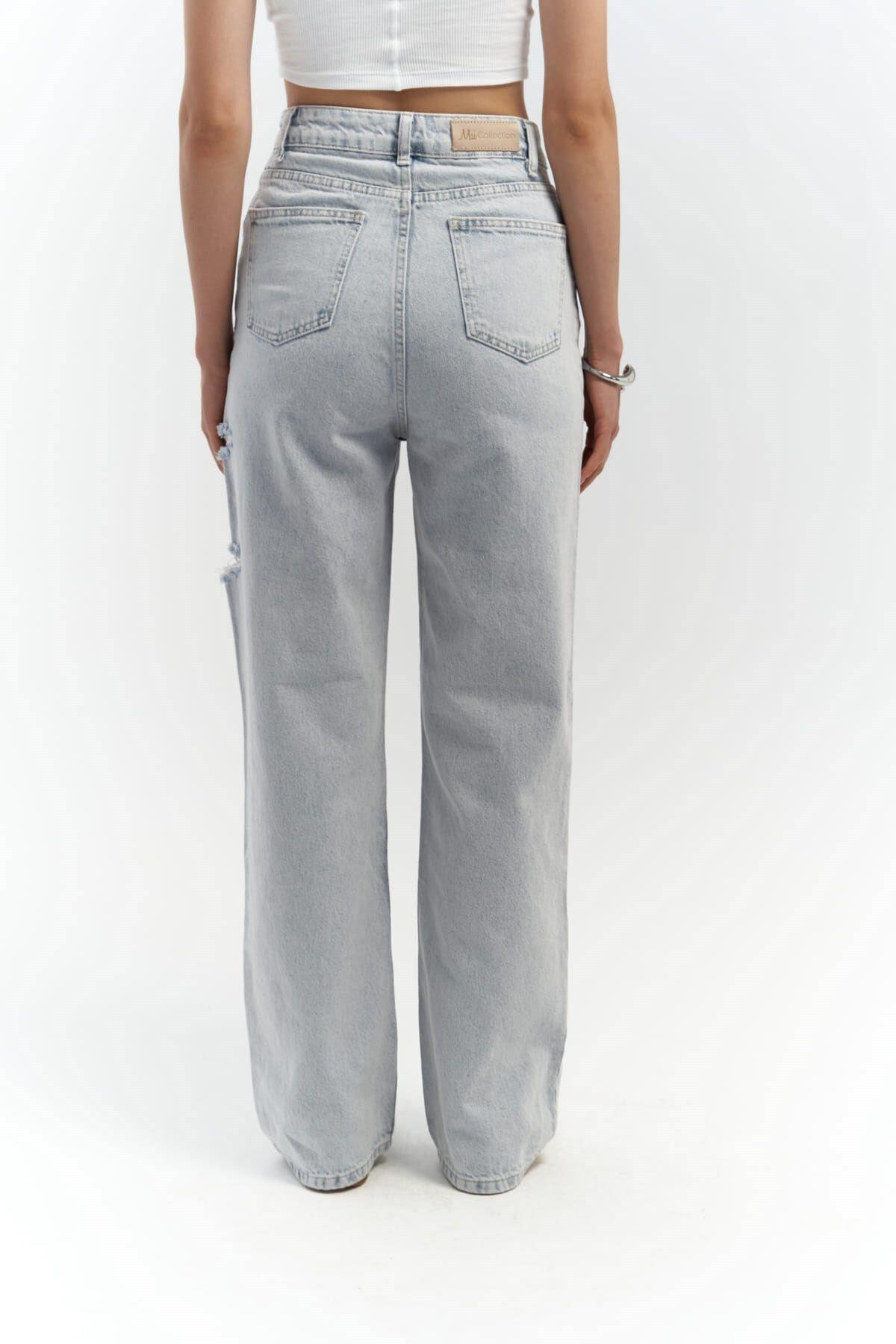 Mai Collection North Bel Detay Çift Yırtıklı Buz Mavi Jean 