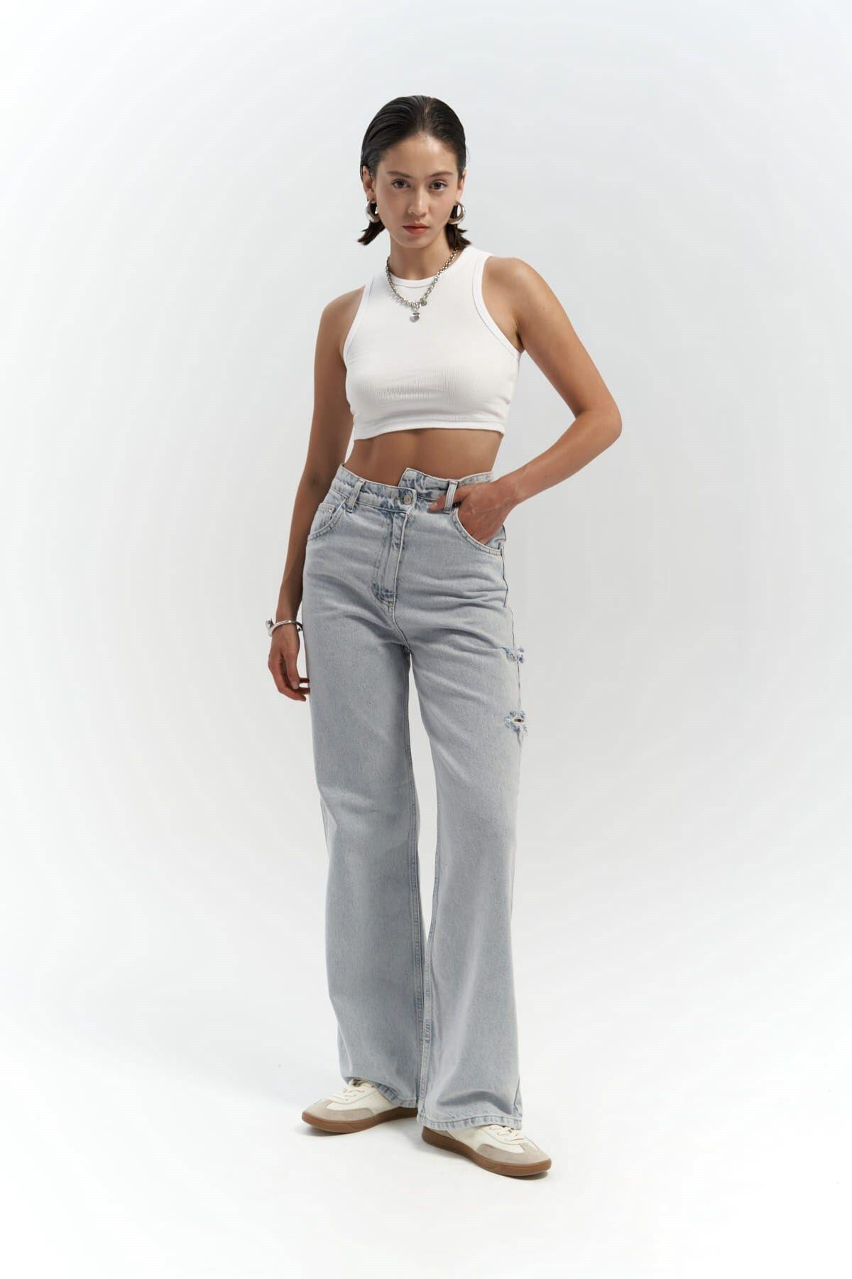 Mai Collection North Bel Detay Çift Yırtıklı Buz Mavi Jean 