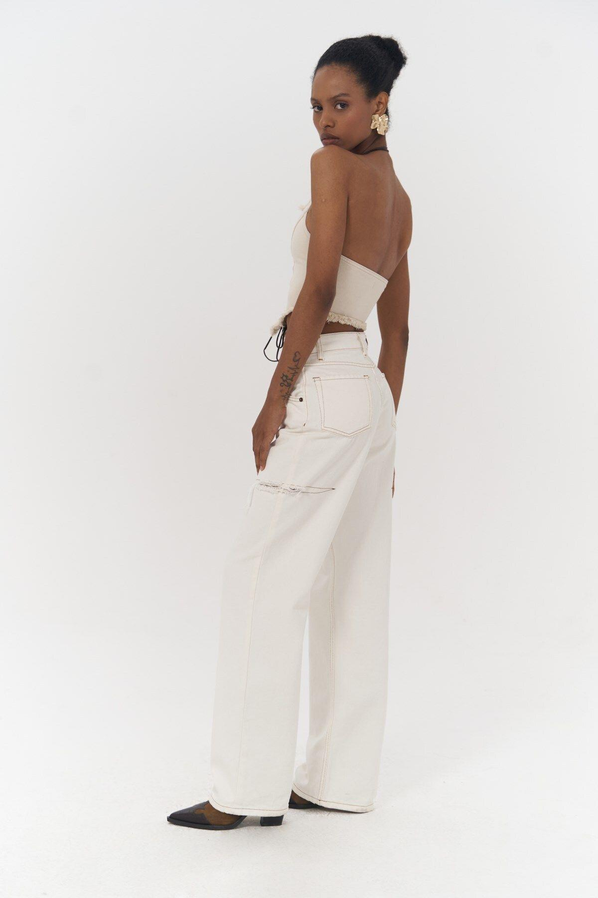 Mai Collection Toni İp Detay Bej Jean Crop