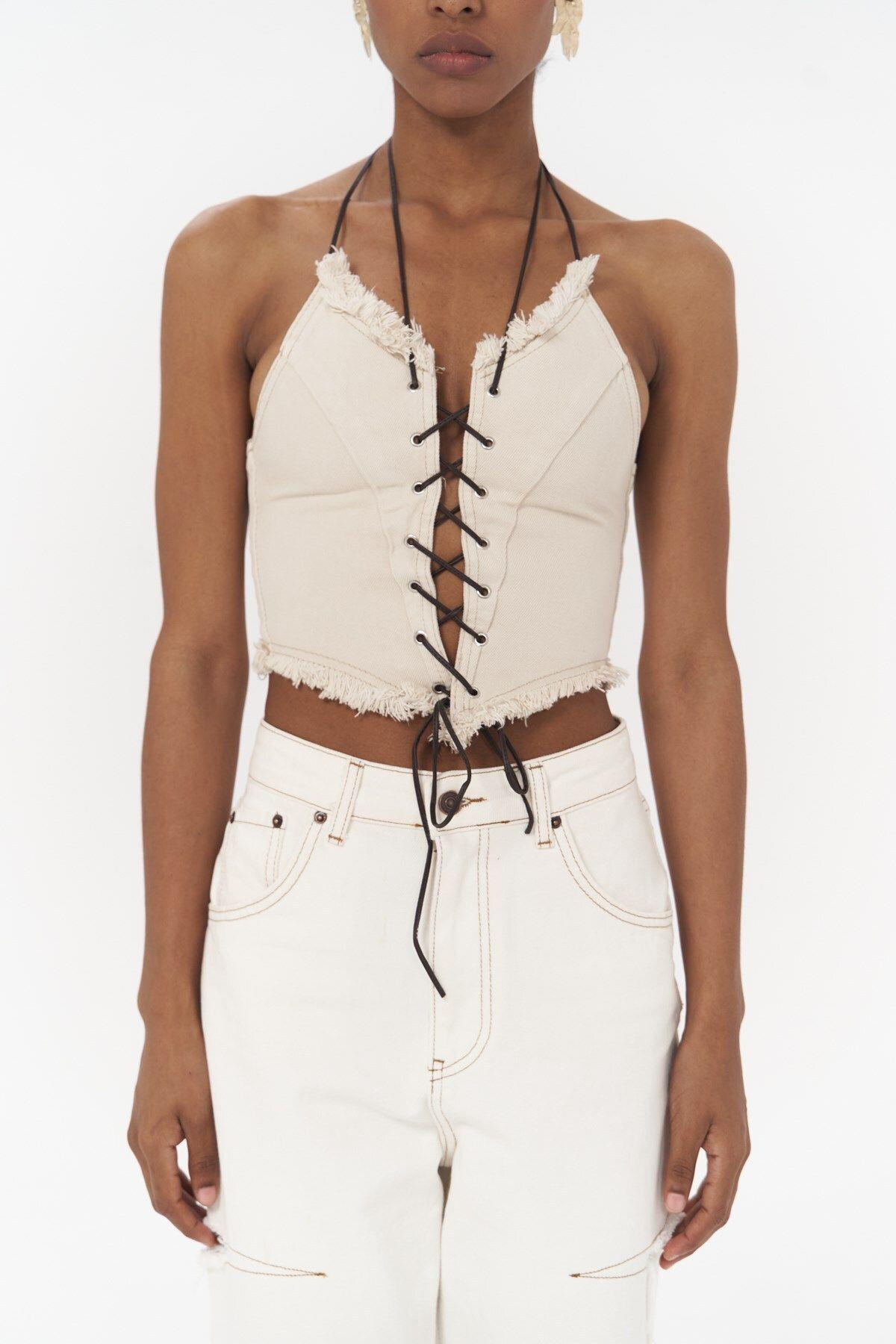 Mai Collection Toni İp Detay Bej Jean Crop