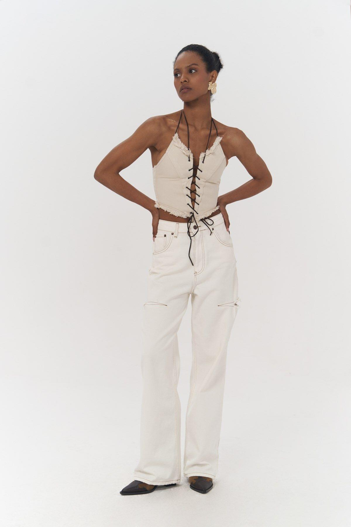Mai Collection Toni İp Detay Bej Jean Crop