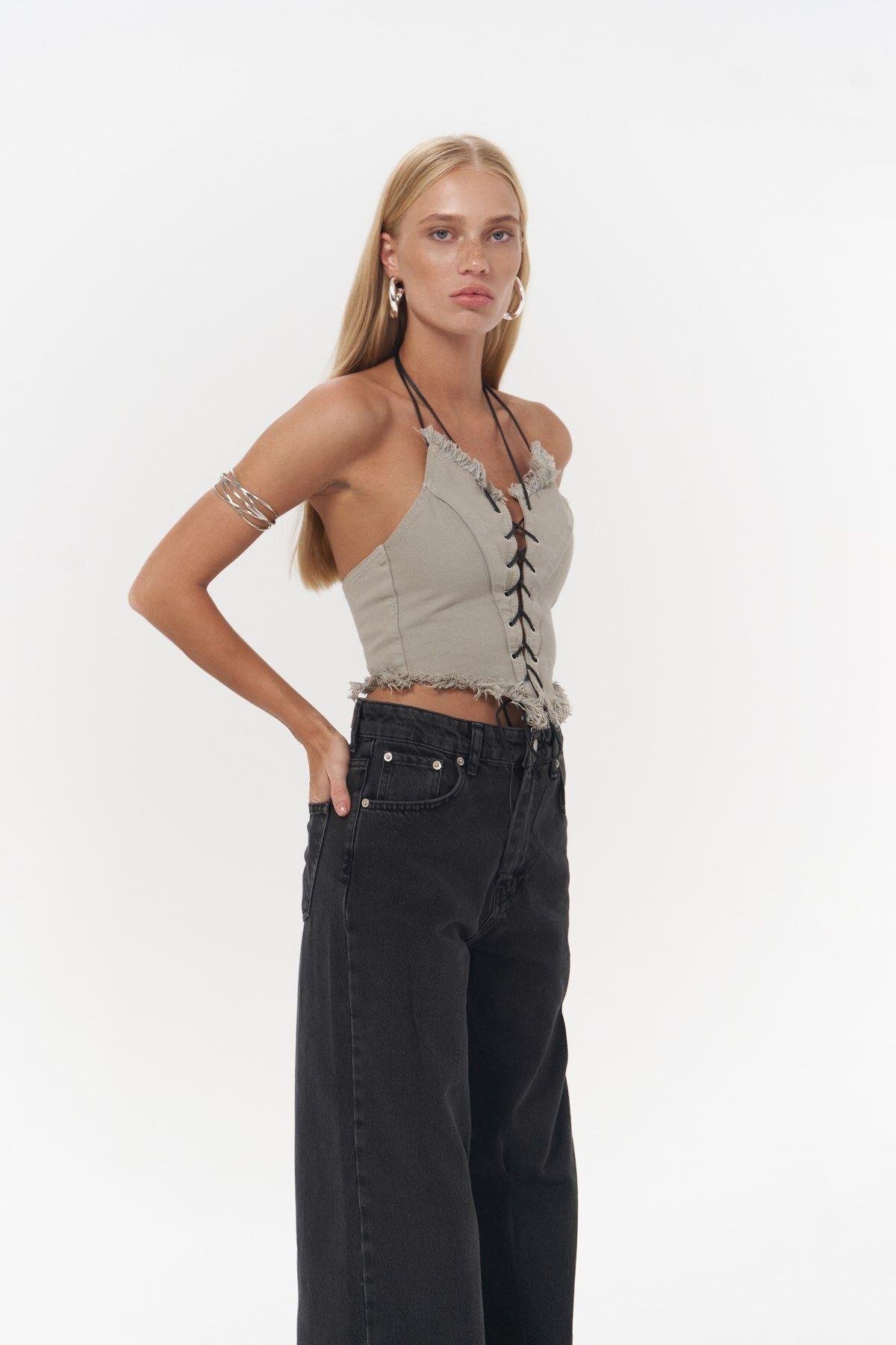 Mai Collection Toni İp Detay Gri Jean Crop