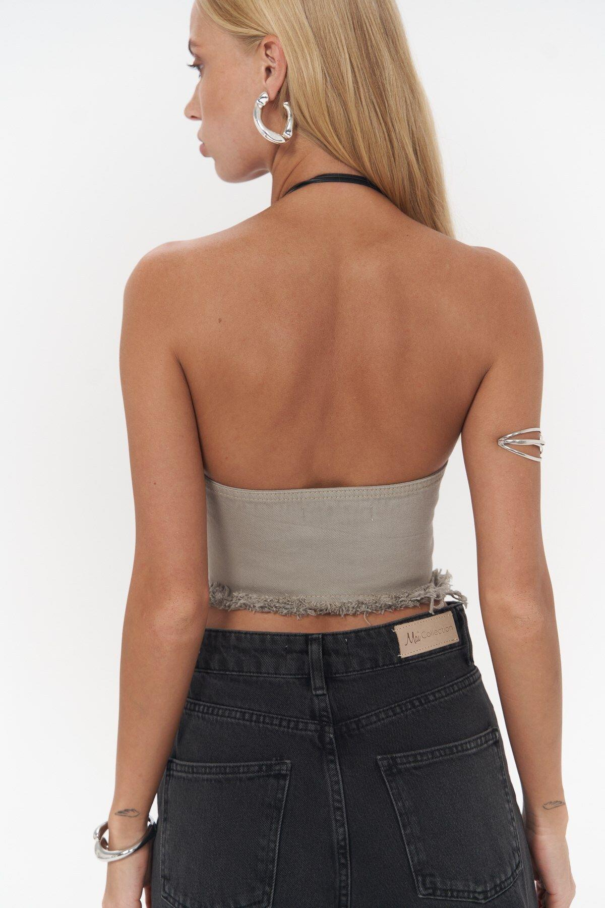 Mai Collection Toni İp Detay Gri Jean Crop