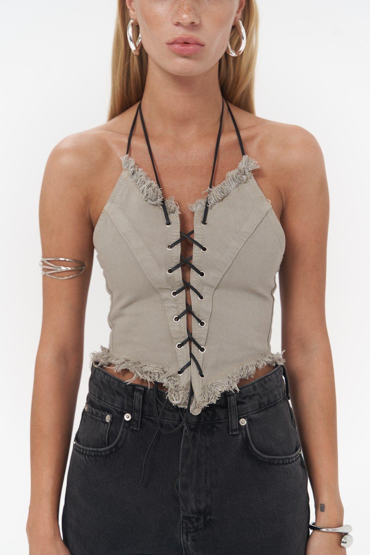 Mai Collection Toni İp Detay Gri Jean Crop