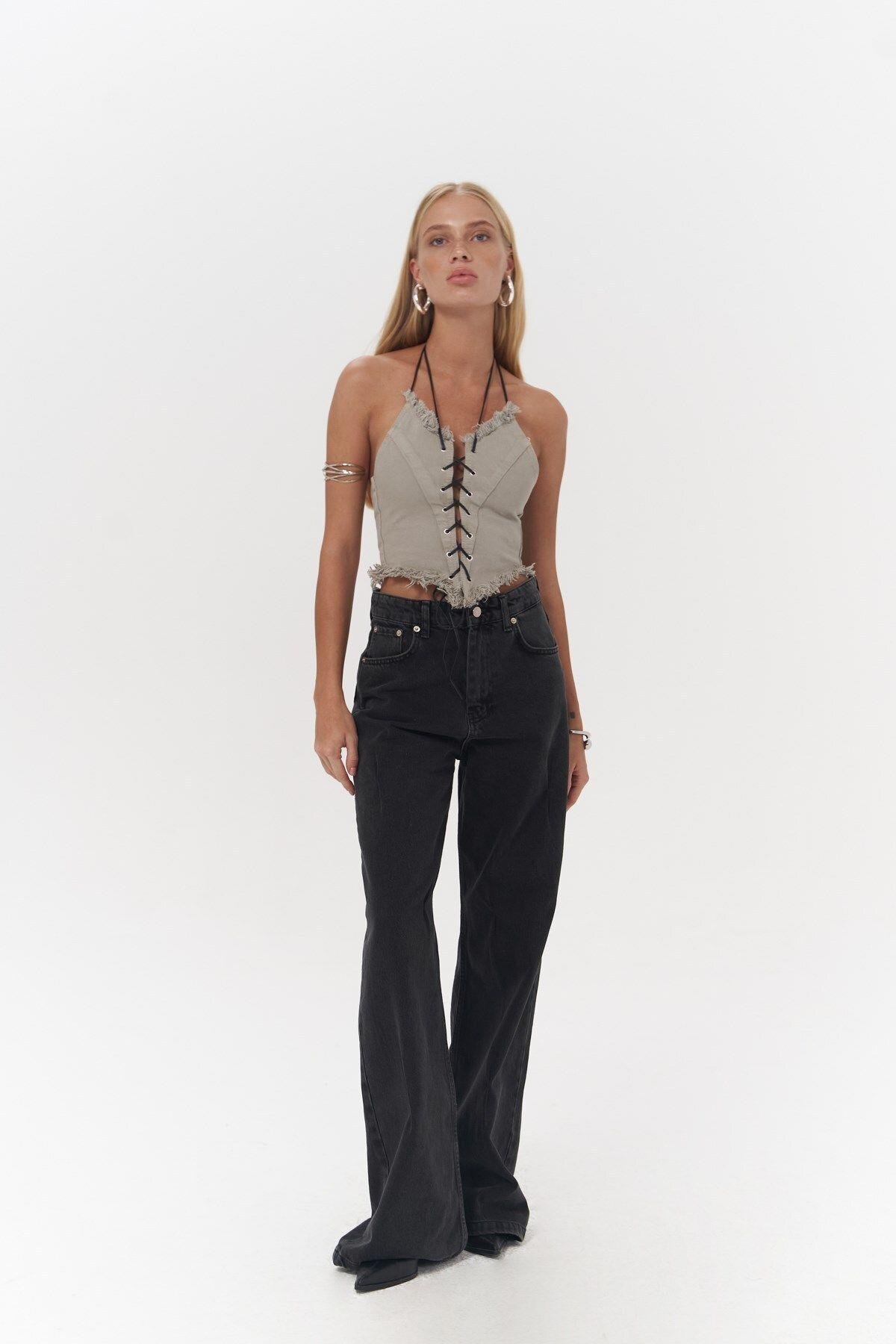 Mai Collection Toni İp Detay Gri Jean Crop