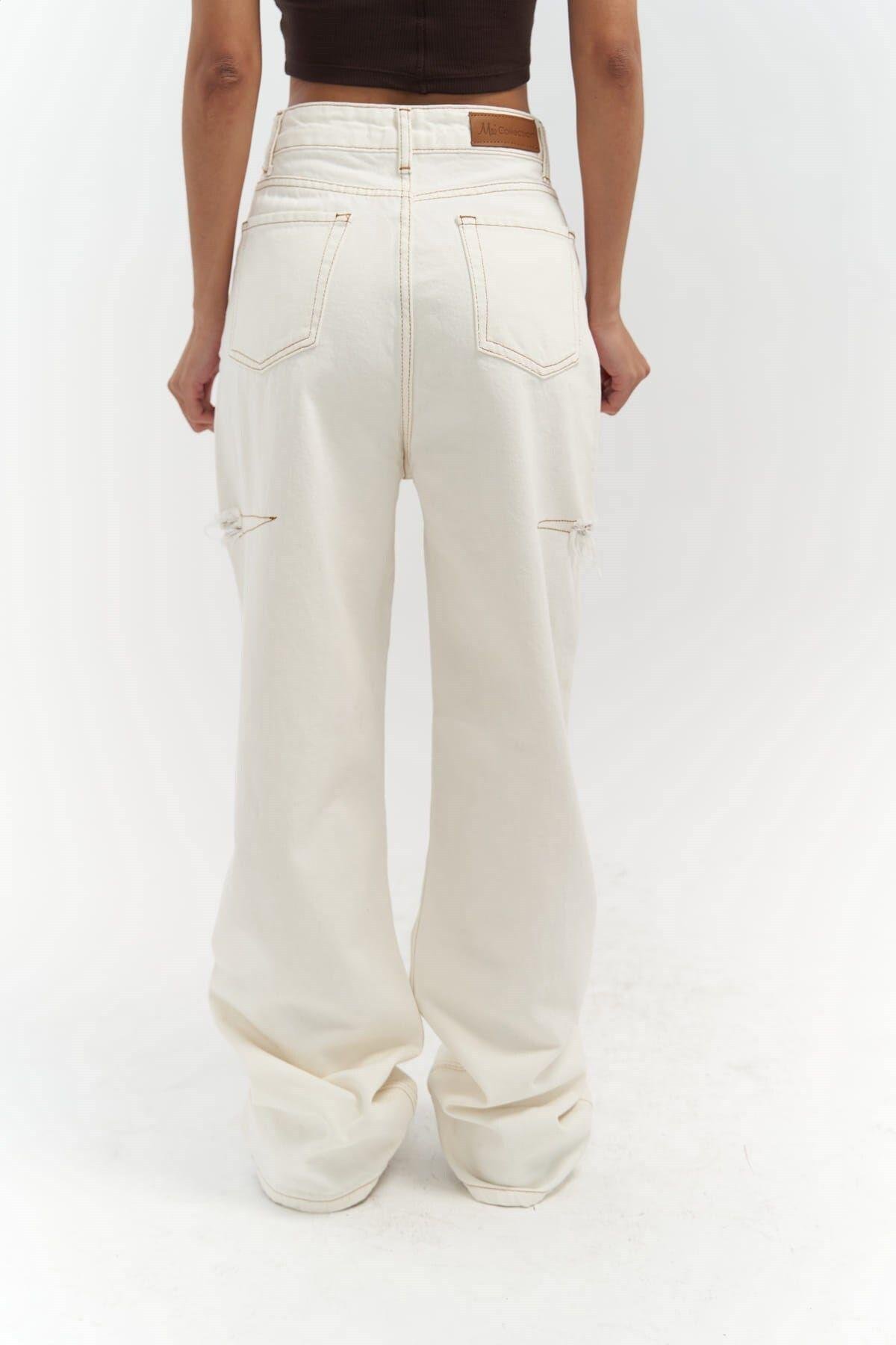 Mai Palm Ekru Yırtık Detay Jean