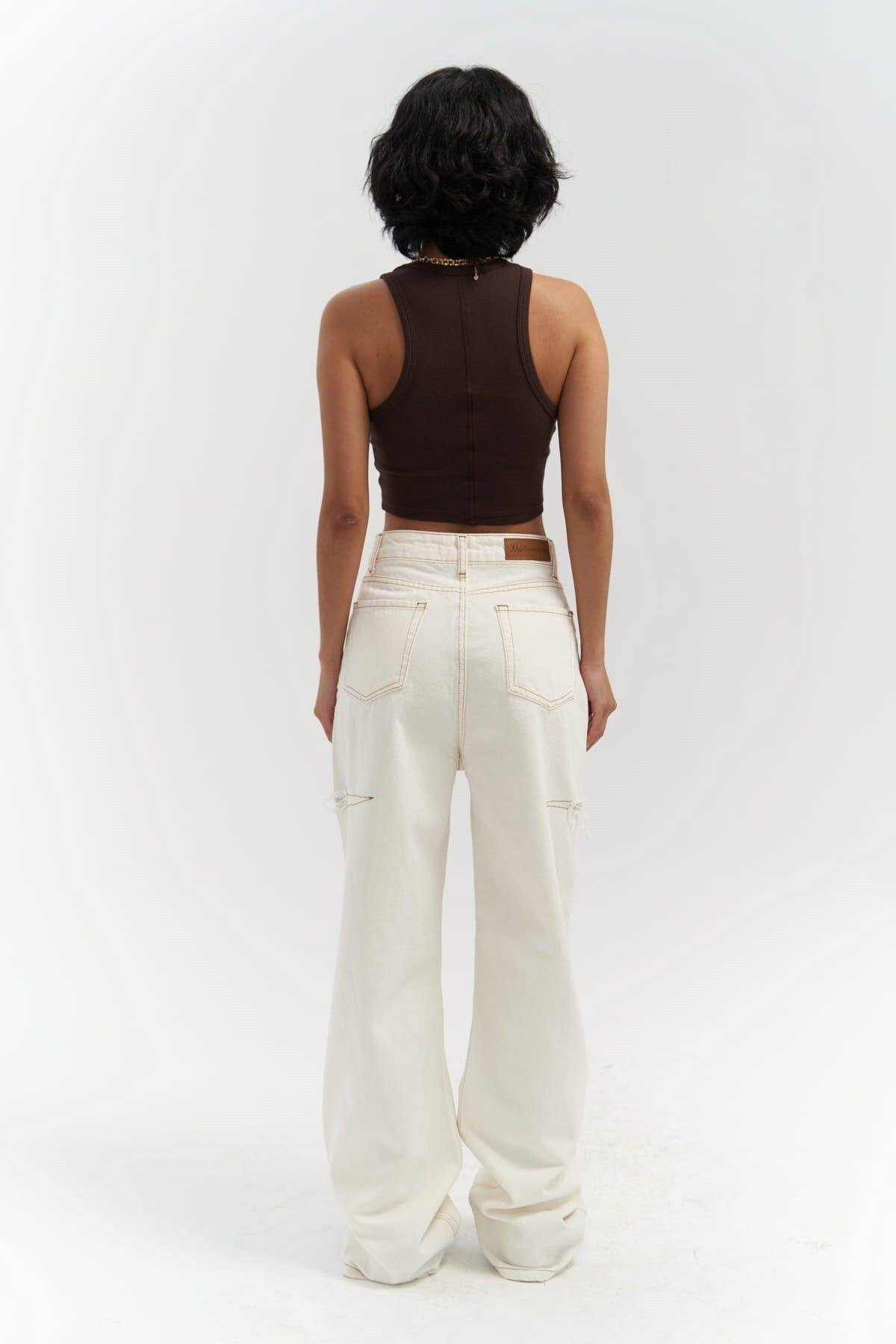 Mai Palm Ekru Yırtık Detay Jean
