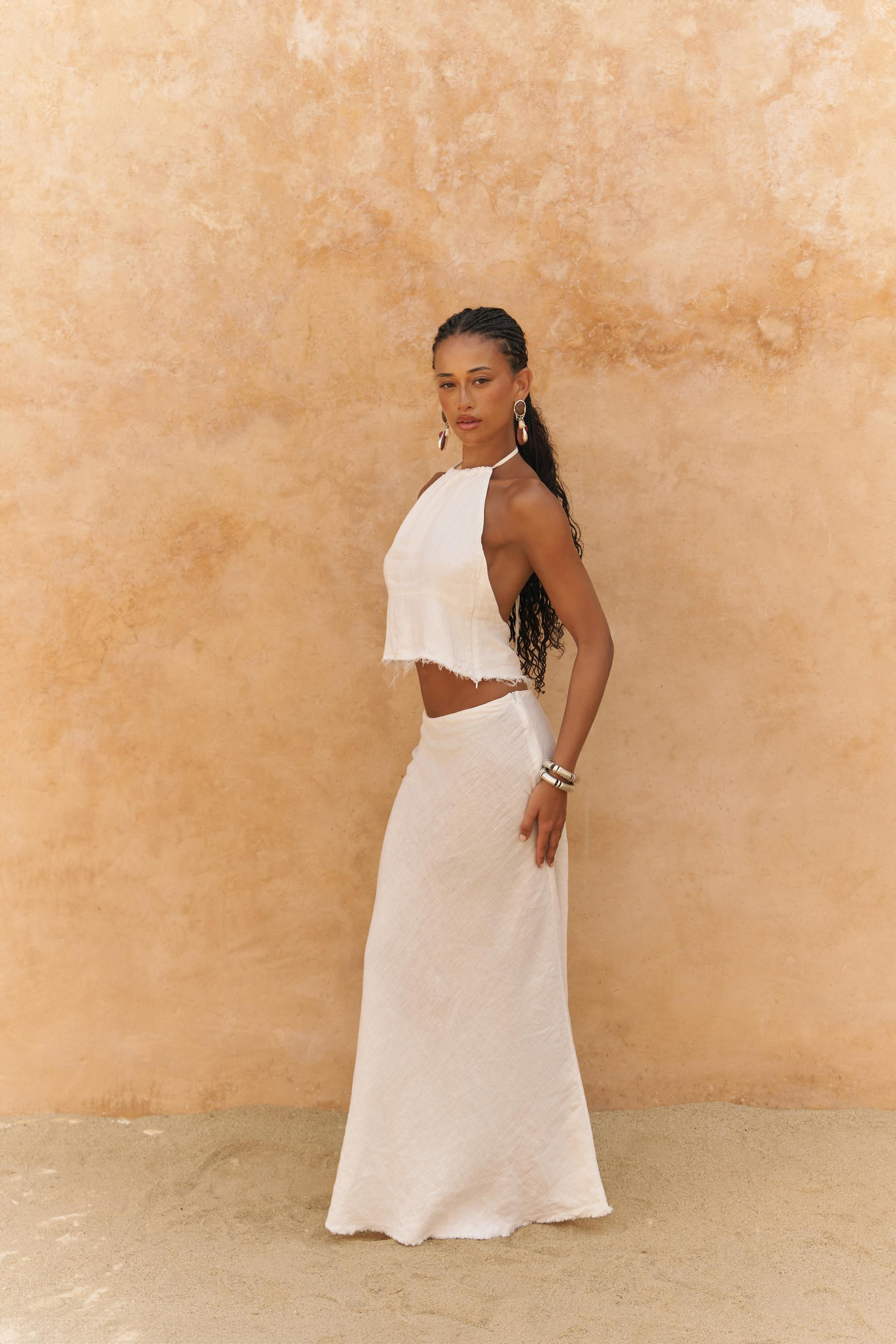 Malmvira Beyaz Keten Crop Etek Takım