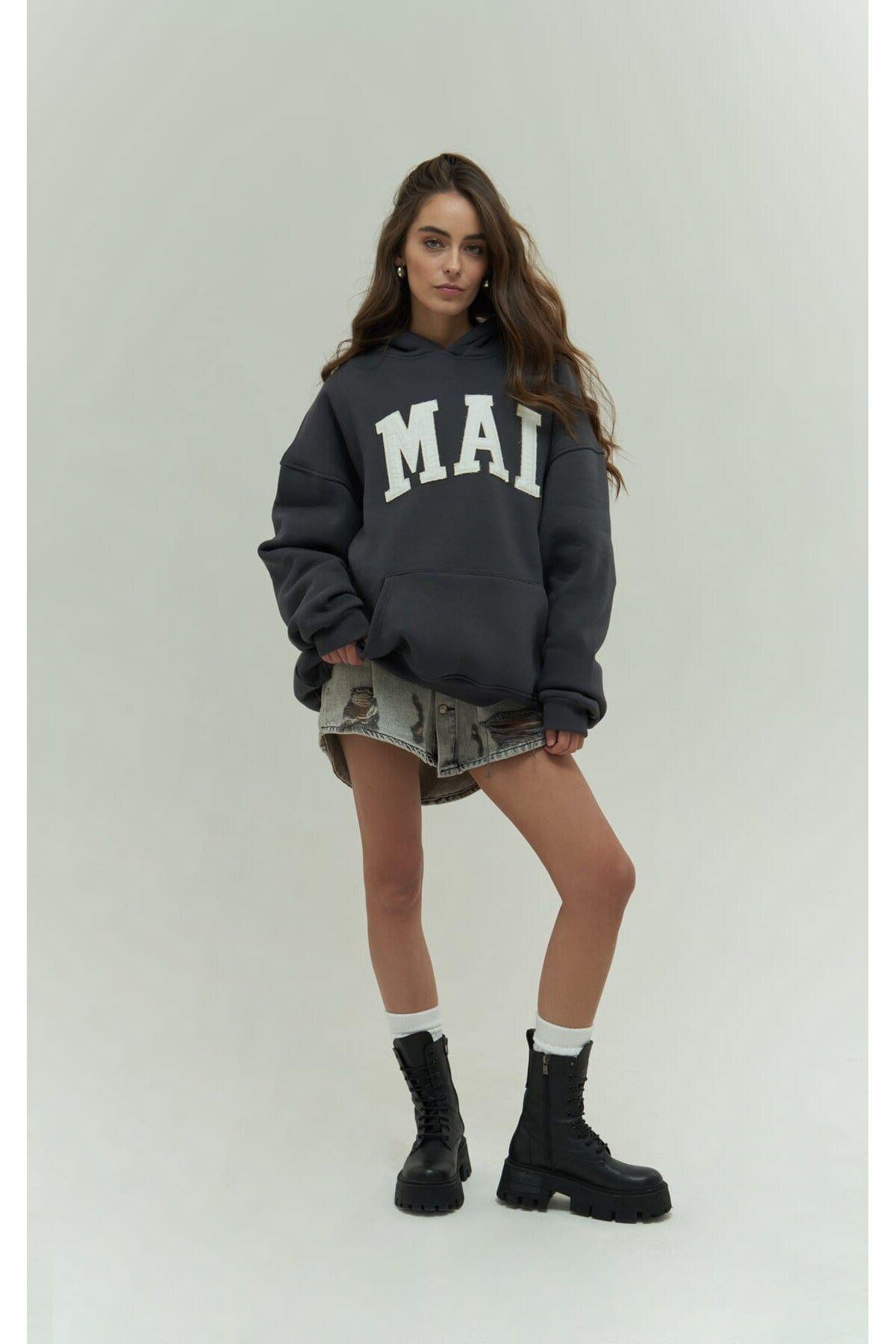 Mai Collection Malvo Mai Emboidered Anthracite Hoodie Sweatshirt