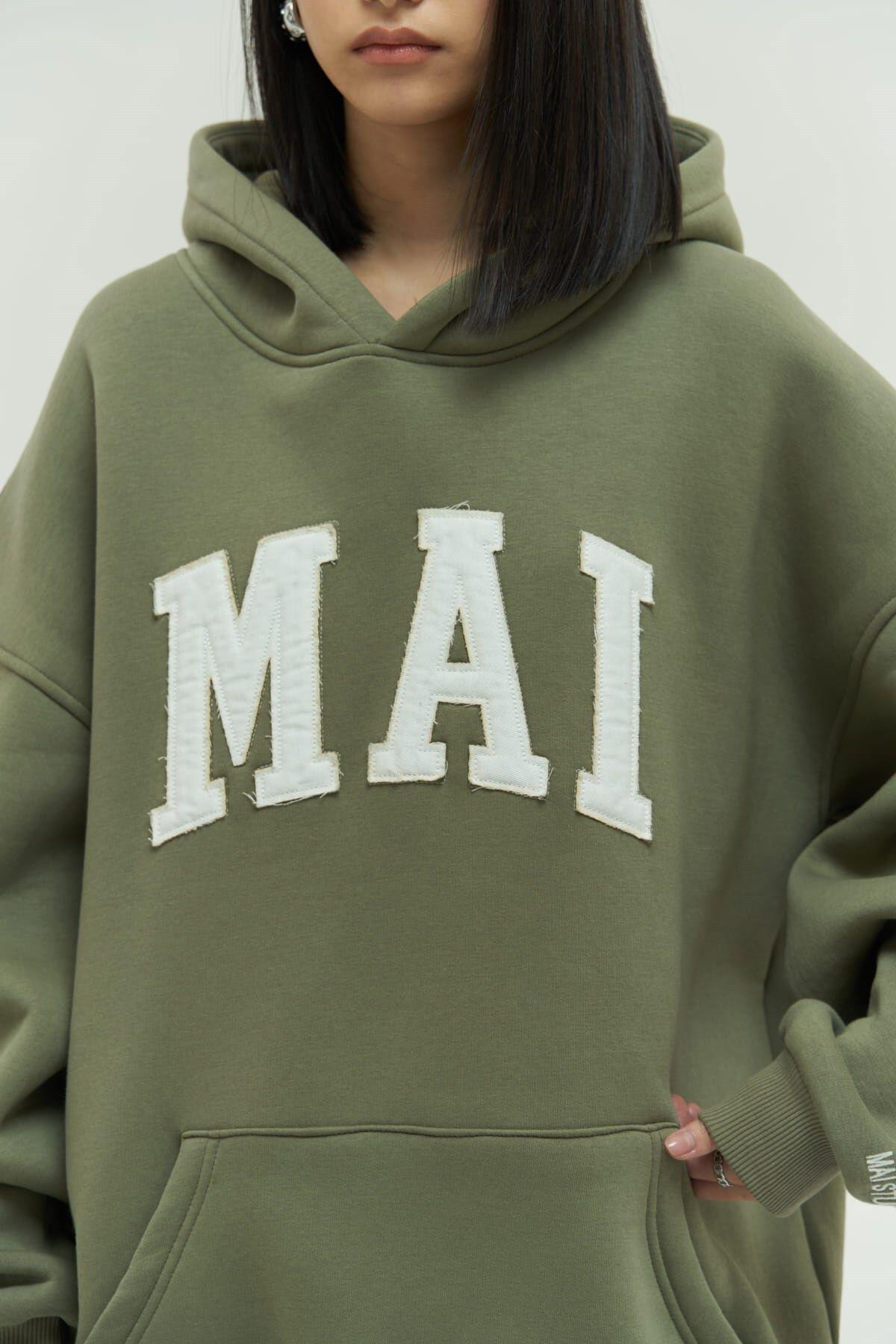 Mai Collection Malvo Mai Emboidered Light Khaki Hoodie Sweatshirt