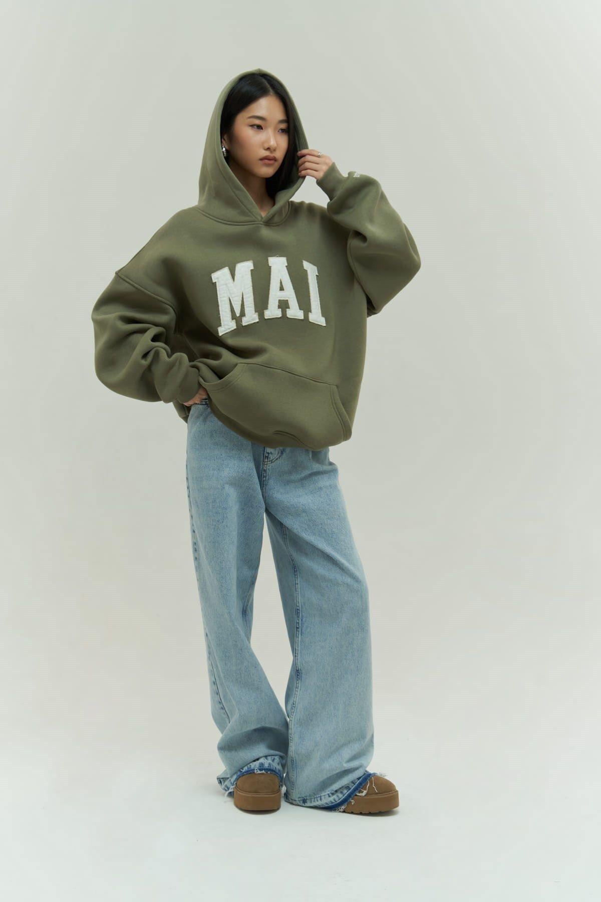 Mai Collection Malvo Mai Emboidered Light Khaki Hoodie Sweatshirt