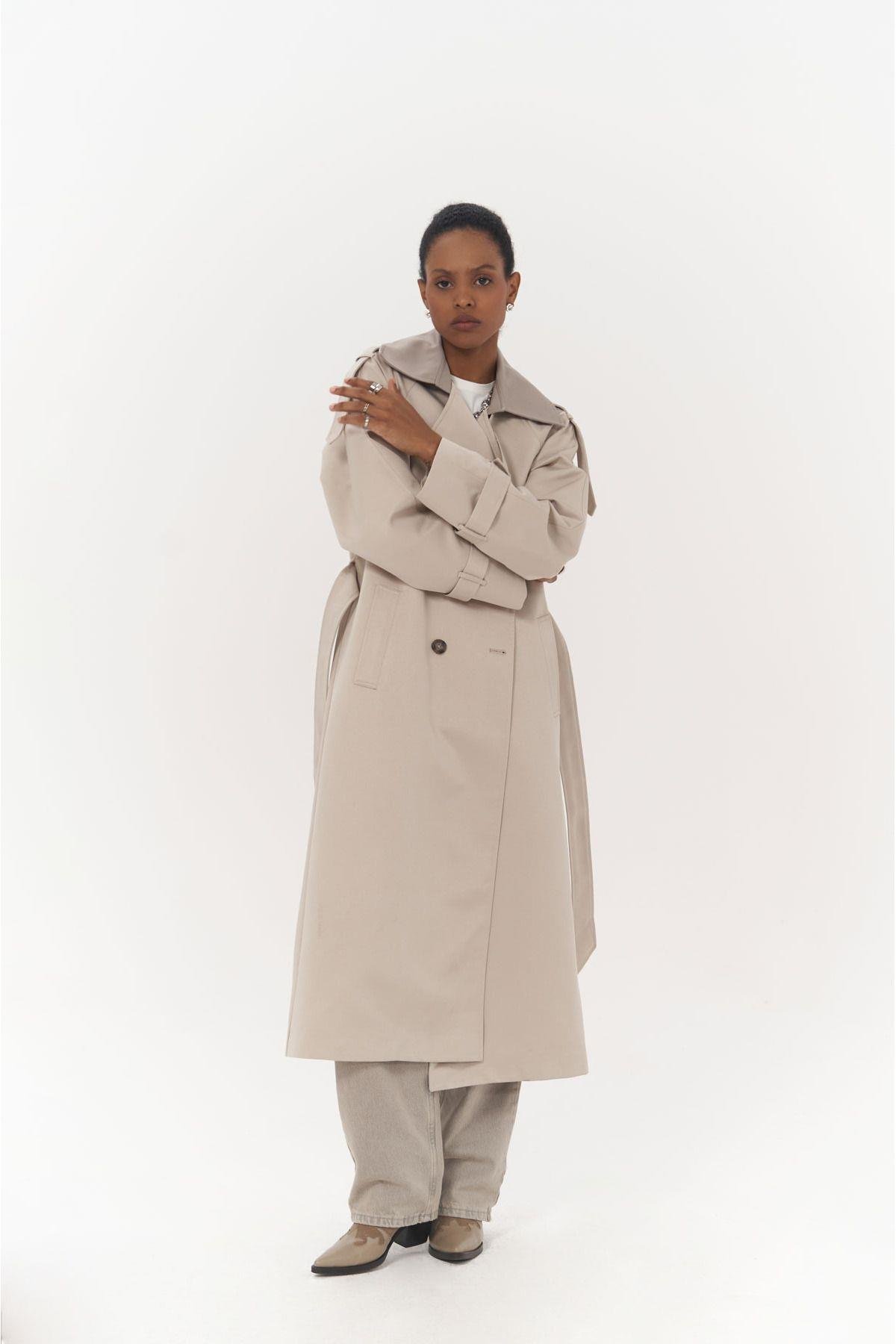 Maryland Yaka Detay Haki Garnili Taş Trençkot