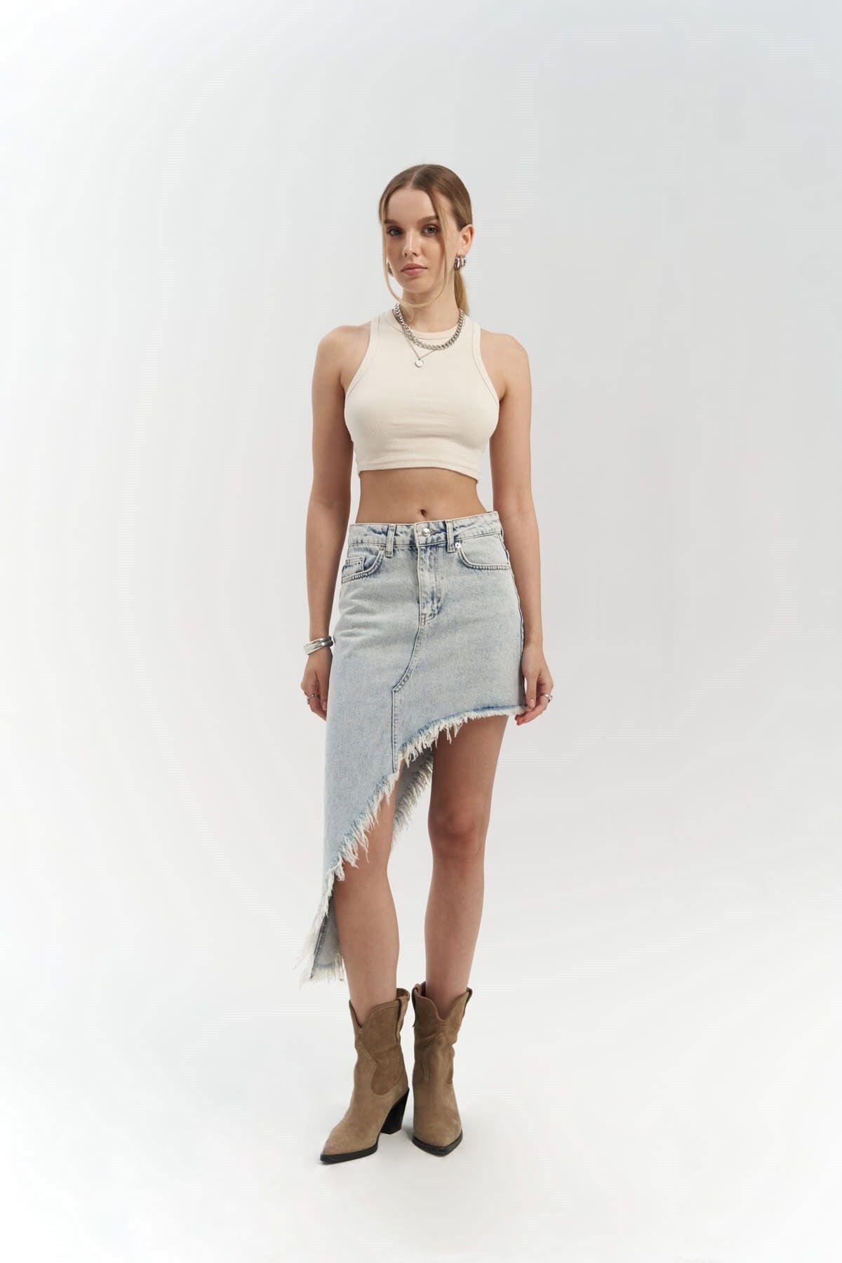 Matteau Püskül Detay Mavi Jean Etek