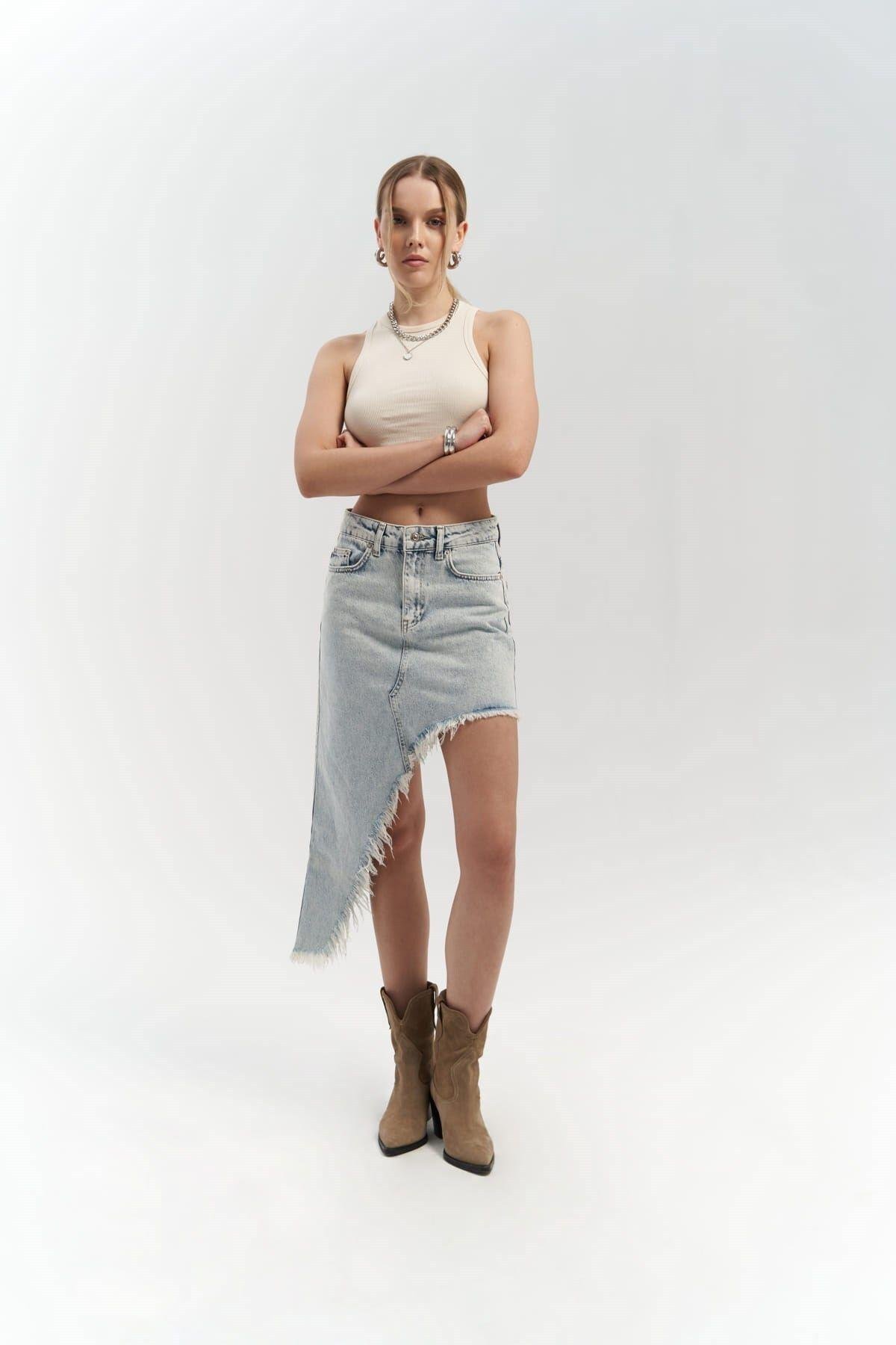 Matteau Püskül Detay Mavi Jean Etek