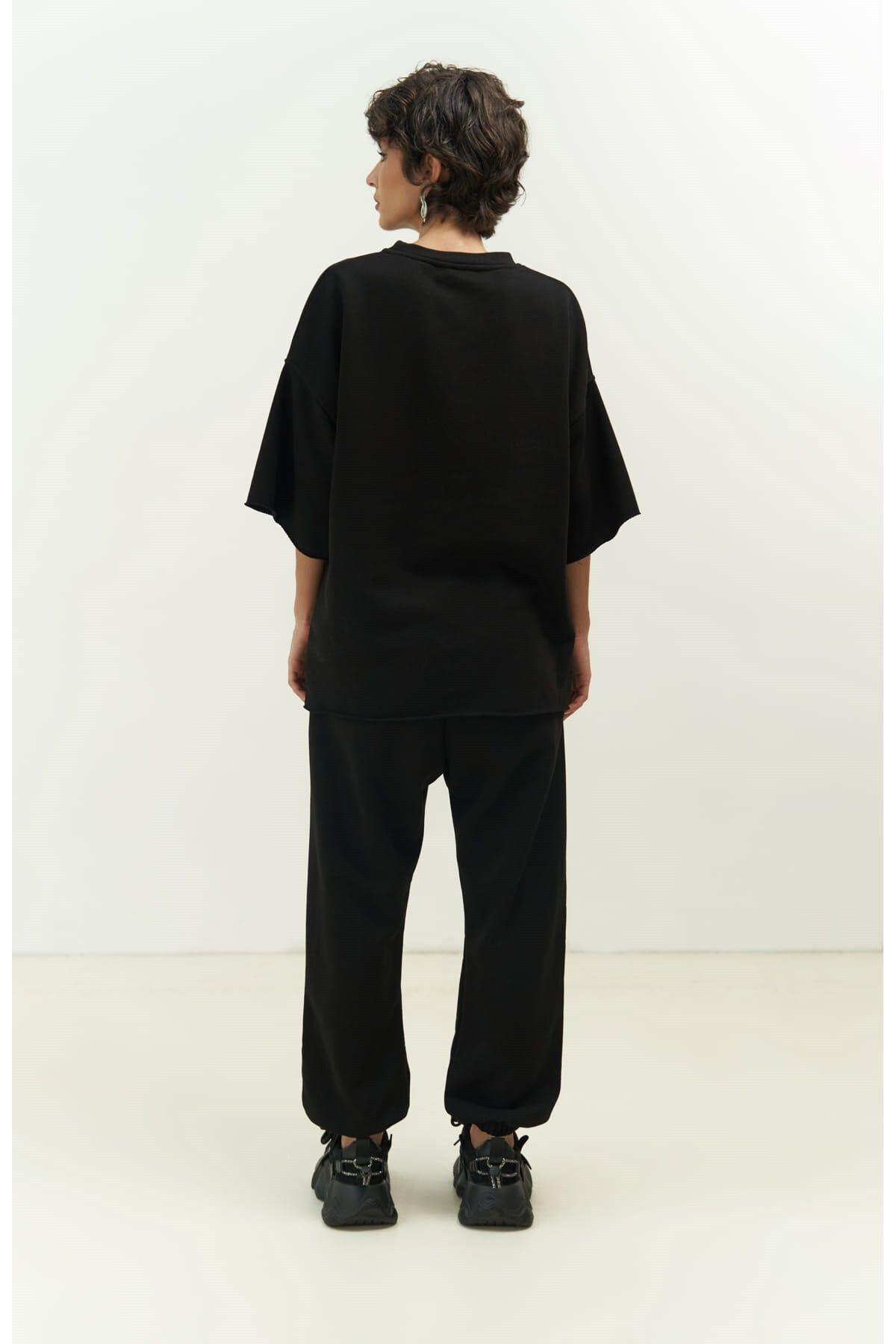 MCLLCTN Lion Siyah Oversize T-Shirt Yırtıklı Eşofman Takım