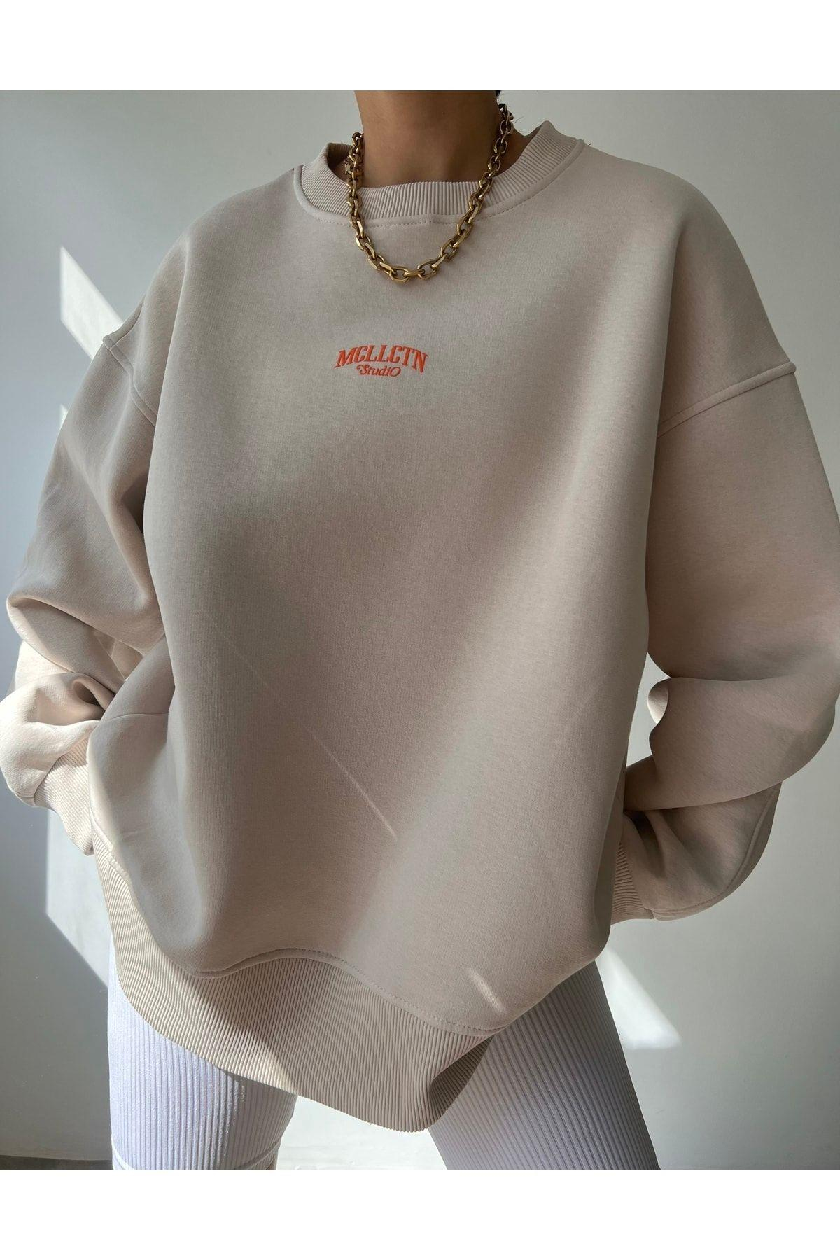 Mcllctn Orange Bej Unisex Oversize Sweatshirt
