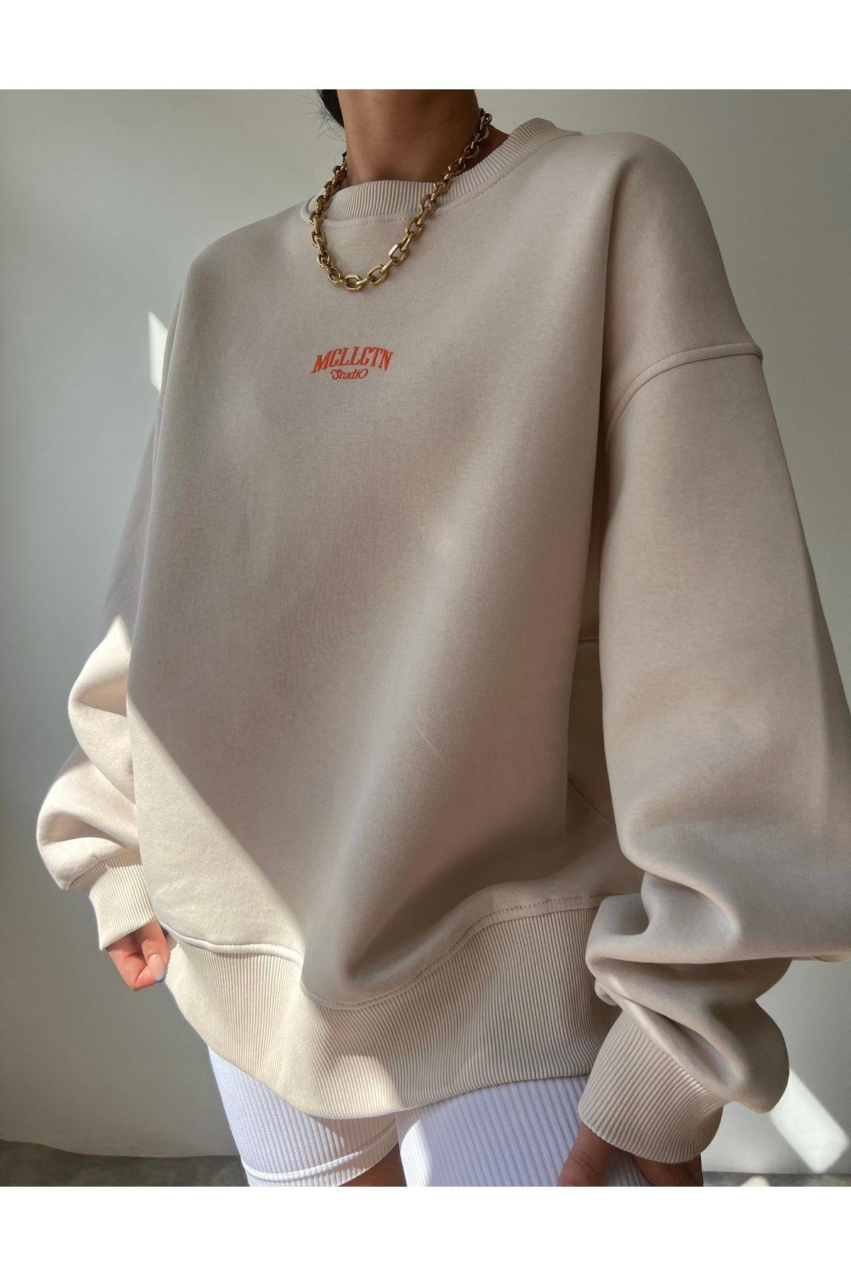 Mcllctn Orange Bej Unisex Oversize Sweatshirt