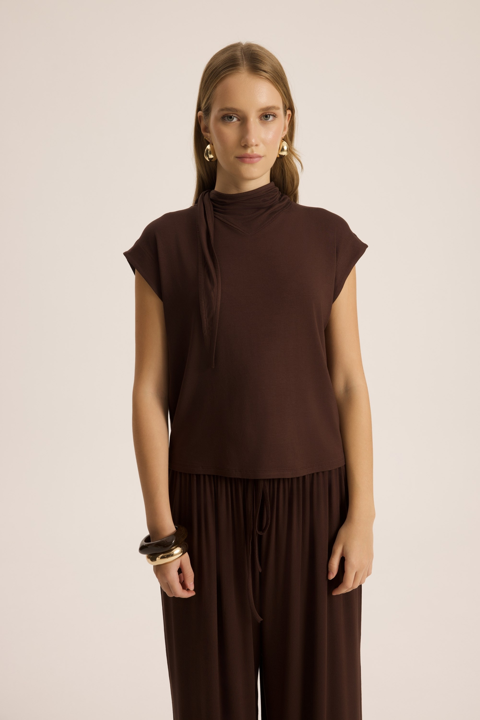 Merlin Bağlamalı Kahve Crop Pantolon Takım