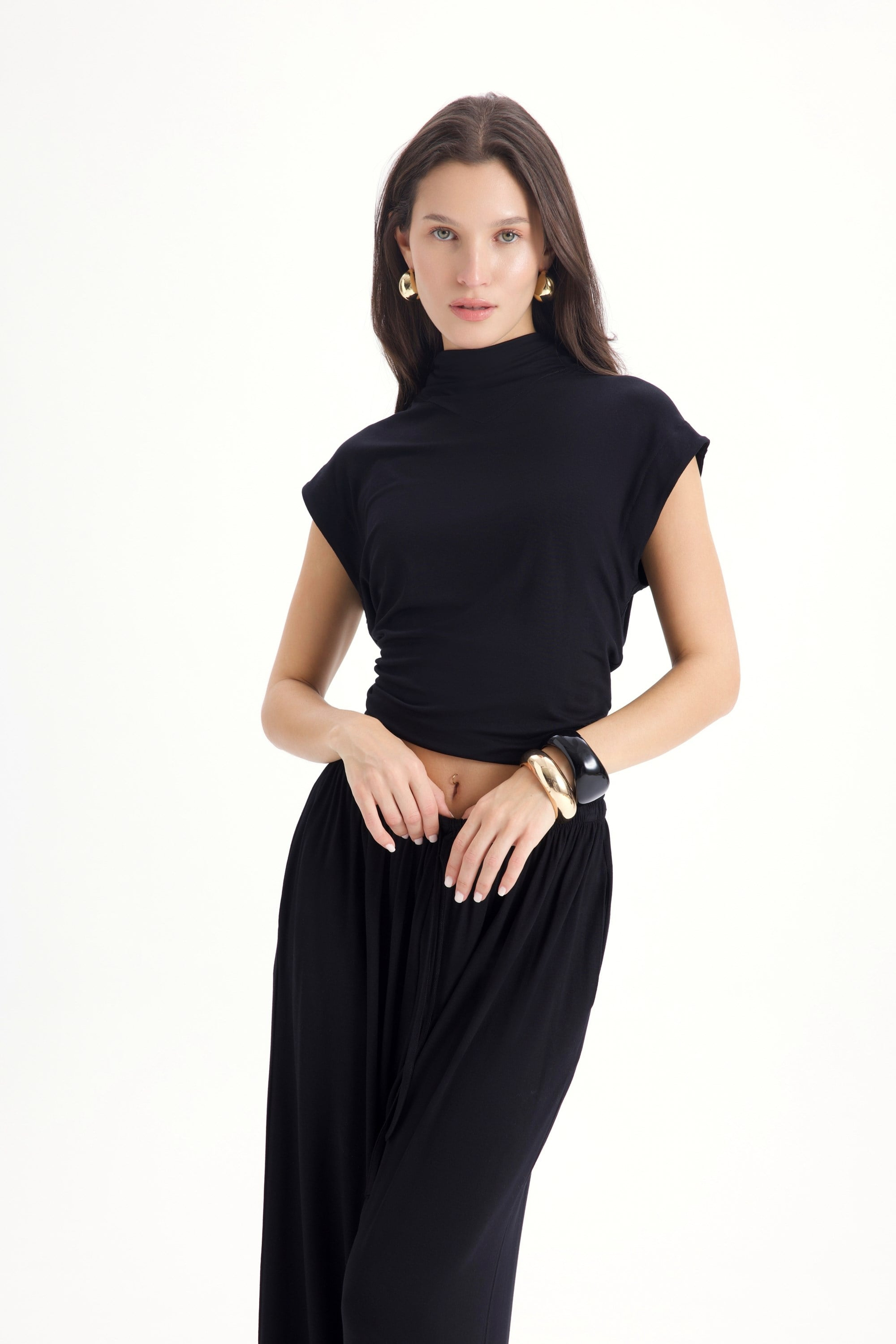 Merlin Bağlamalı Siyah Crop Pantolon Takım