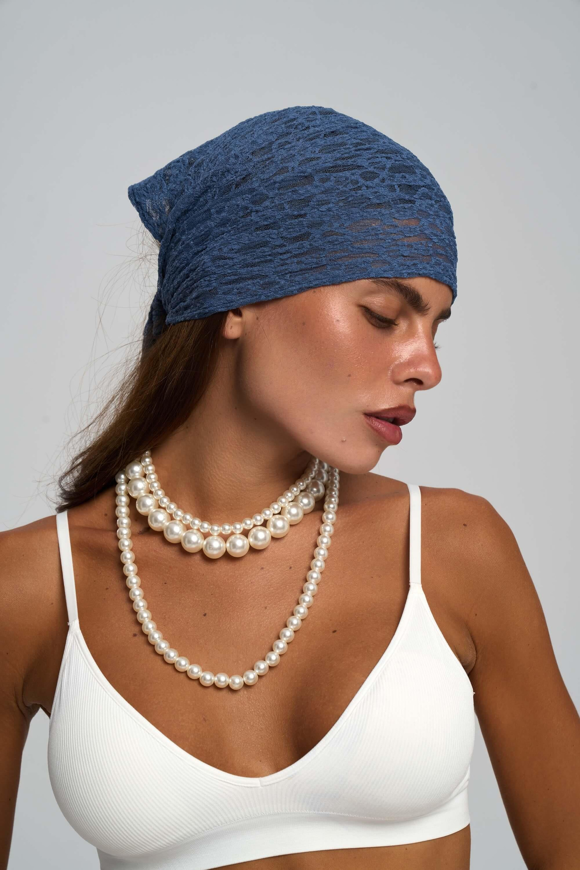 Miray Üçgen Kesim Indigo Dantel Bandana