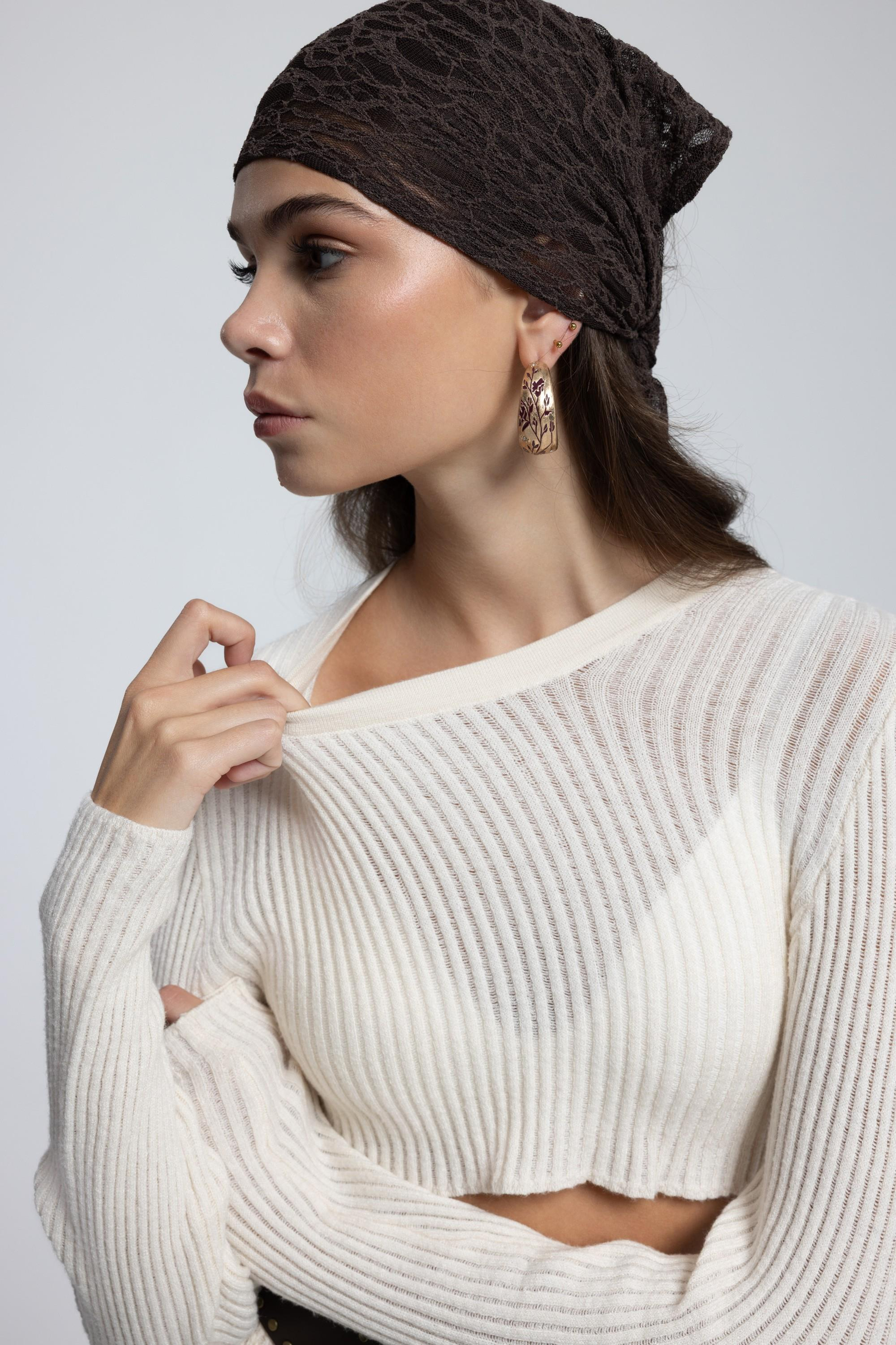 Miray Üçgen Kesim Kahve Dantel Bandana