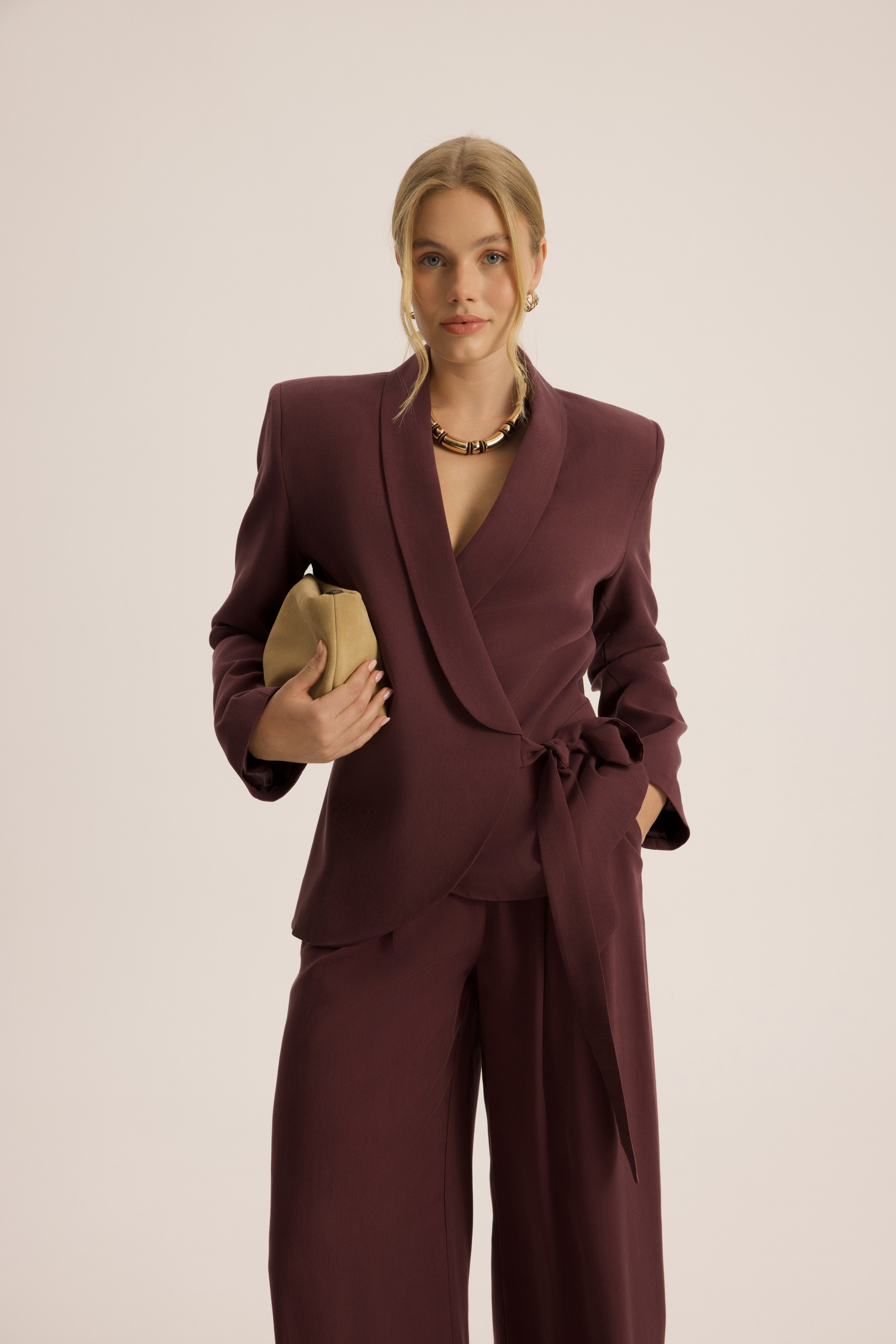 Mirelka Bağlamalı Bordo Blazer Pantolon Takım