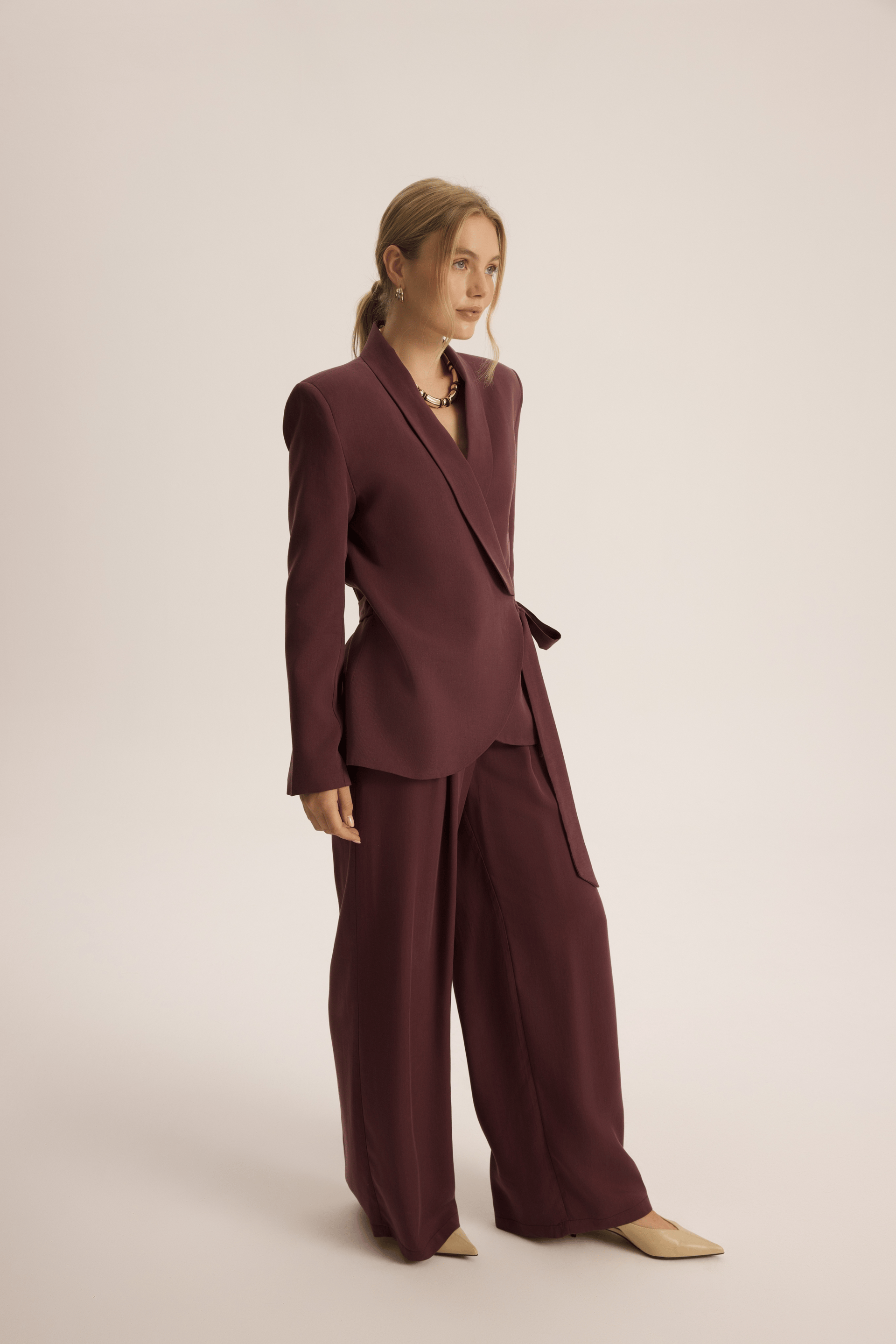 Mirelka Bağlamalı Bordo Blazer Pantolon Takım