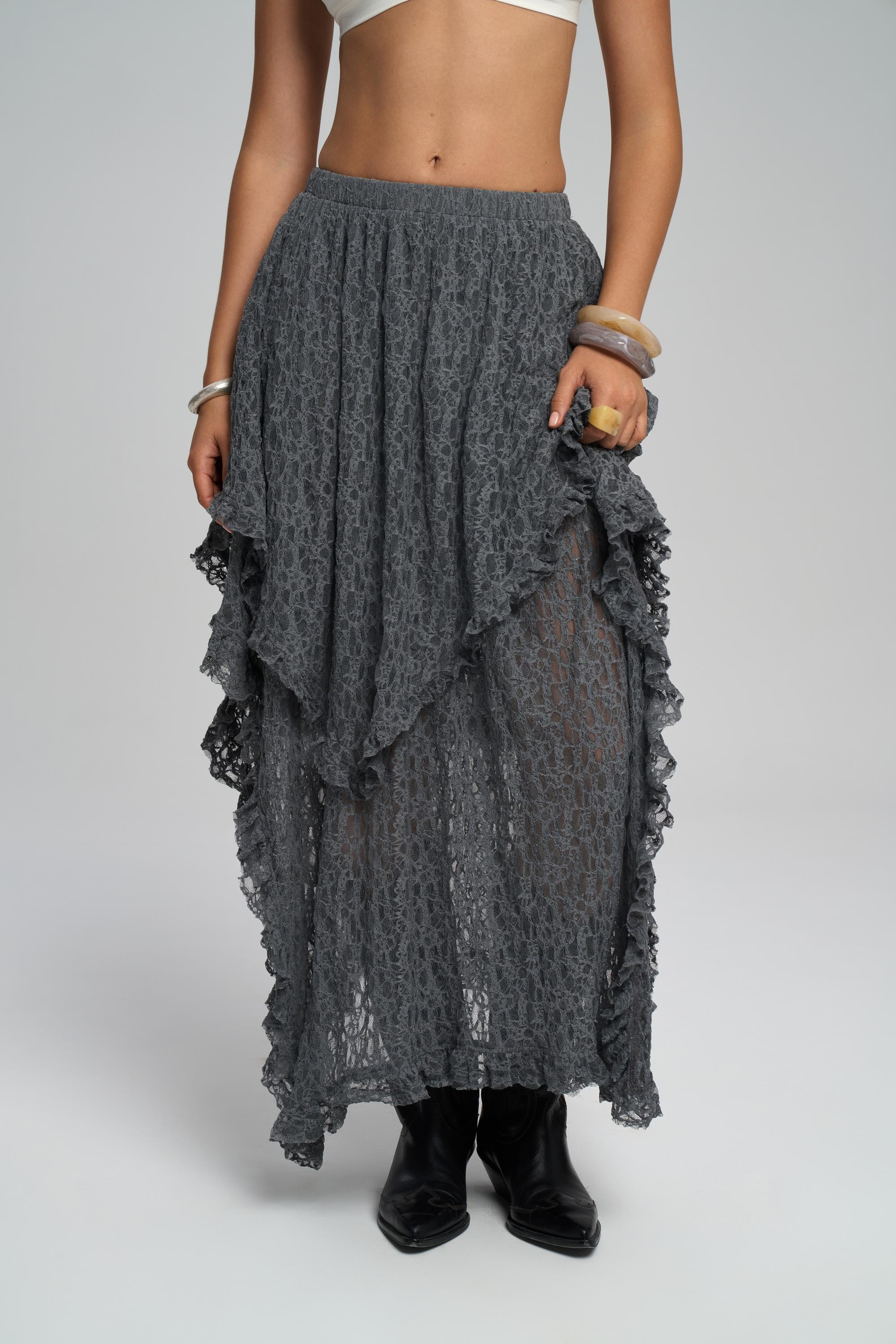 Mireya Asimetrik Antrasit Dantel Etek